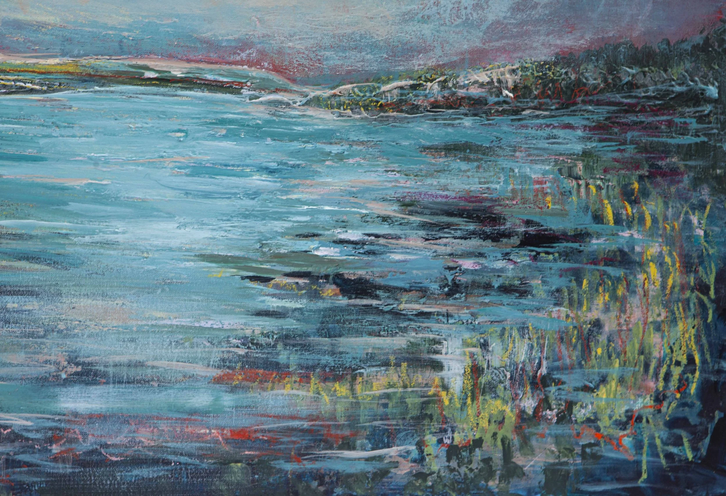 Original art abstract colourful landscape water painting by Irish artist Eimear Campbell
