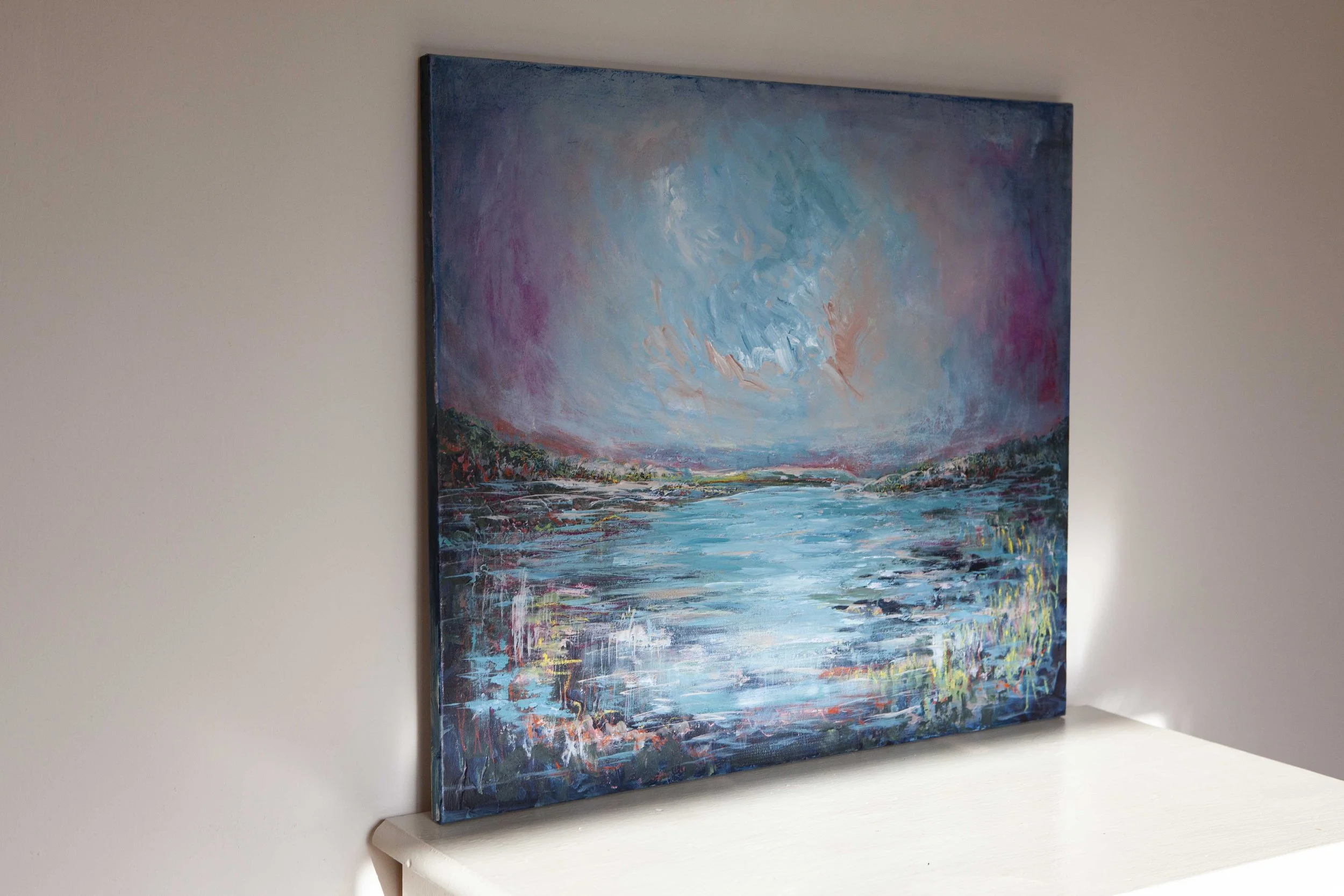 abstract irish art, atmospheric painting, painting for living room, nature painting, irish art for sale, buy art from Belfast artist, painting of lough erne fermanagh, water abstract painting