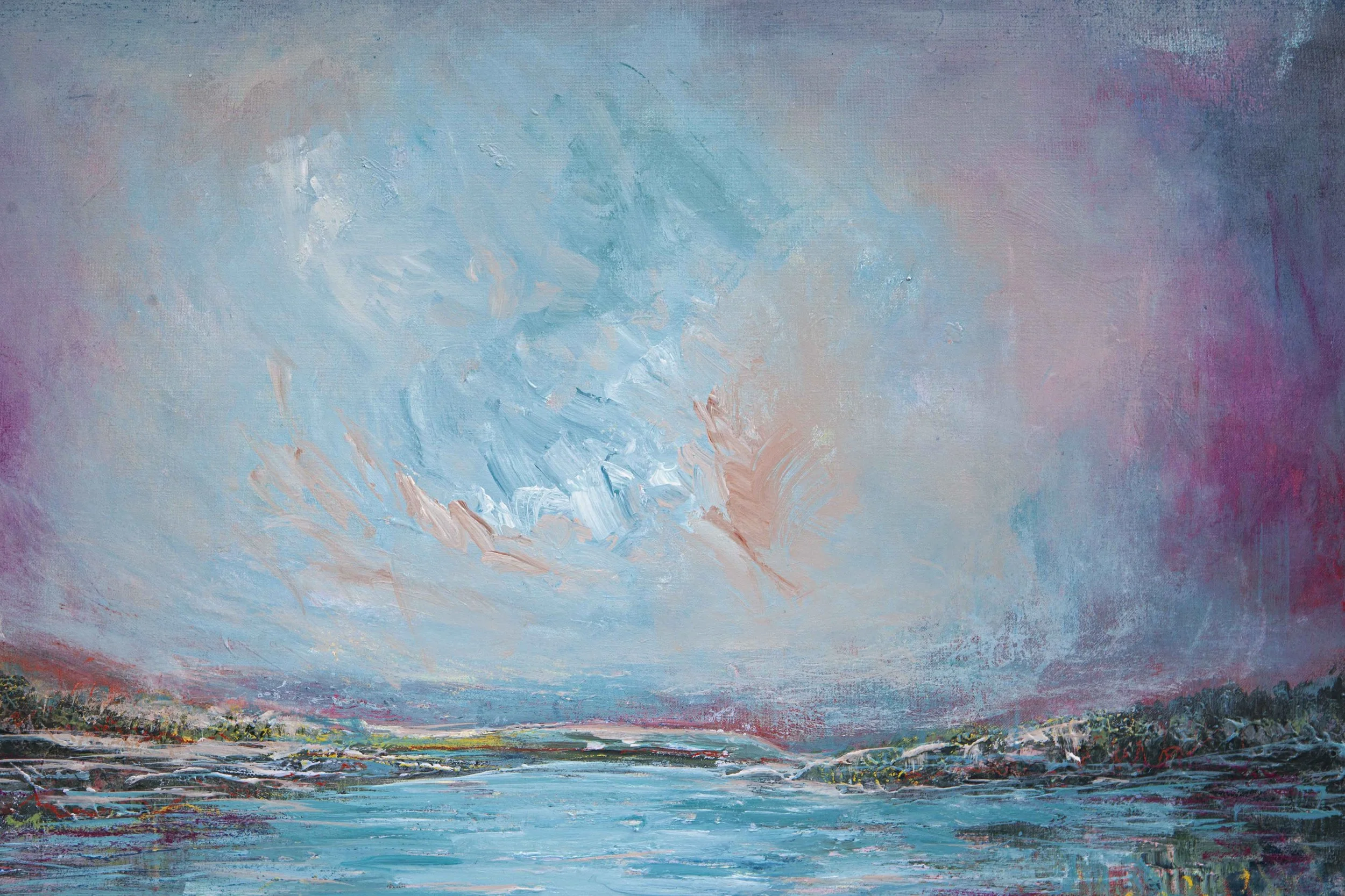 Original art abstract colourful landscape water painting by Irish artist Eimear Campbell