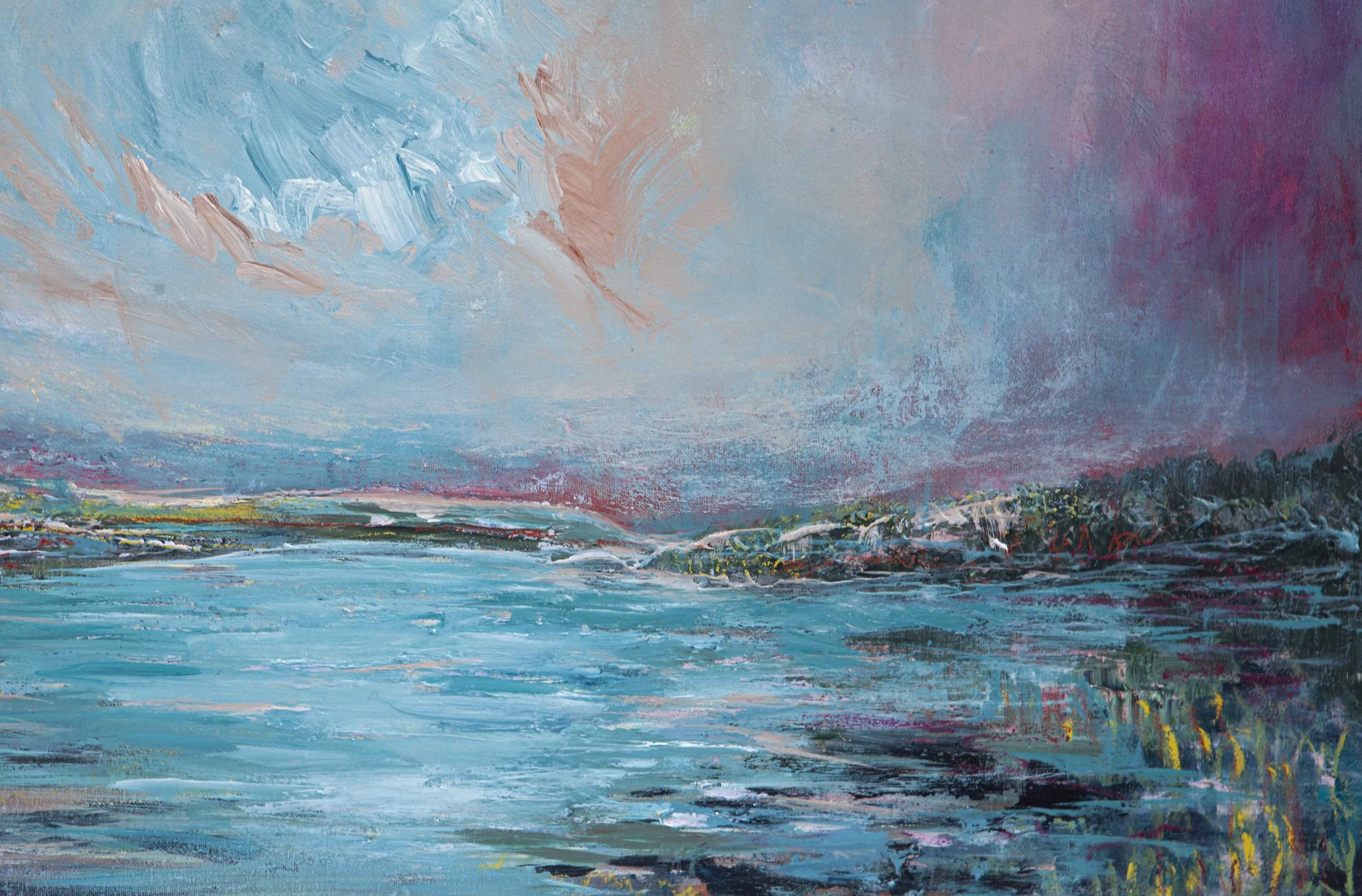 Original art abstract colourful landscape water painting by Irish artist Eimear Campbell