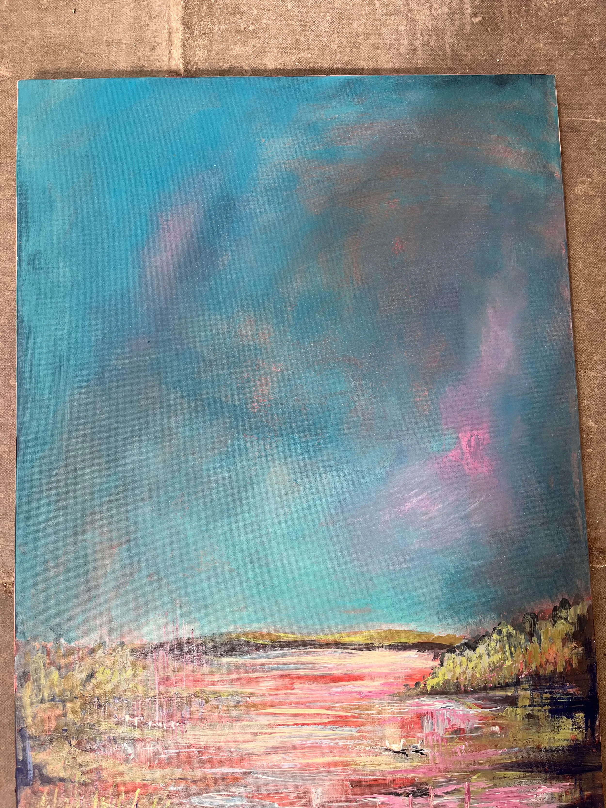 Painting of Lough Erne County Fermanagh, at Lusty Beg Island. Irish Art for sale, unique colourful abstract landscape painting, original acrylic landscape art. Belfast artist, Eimear Campbell