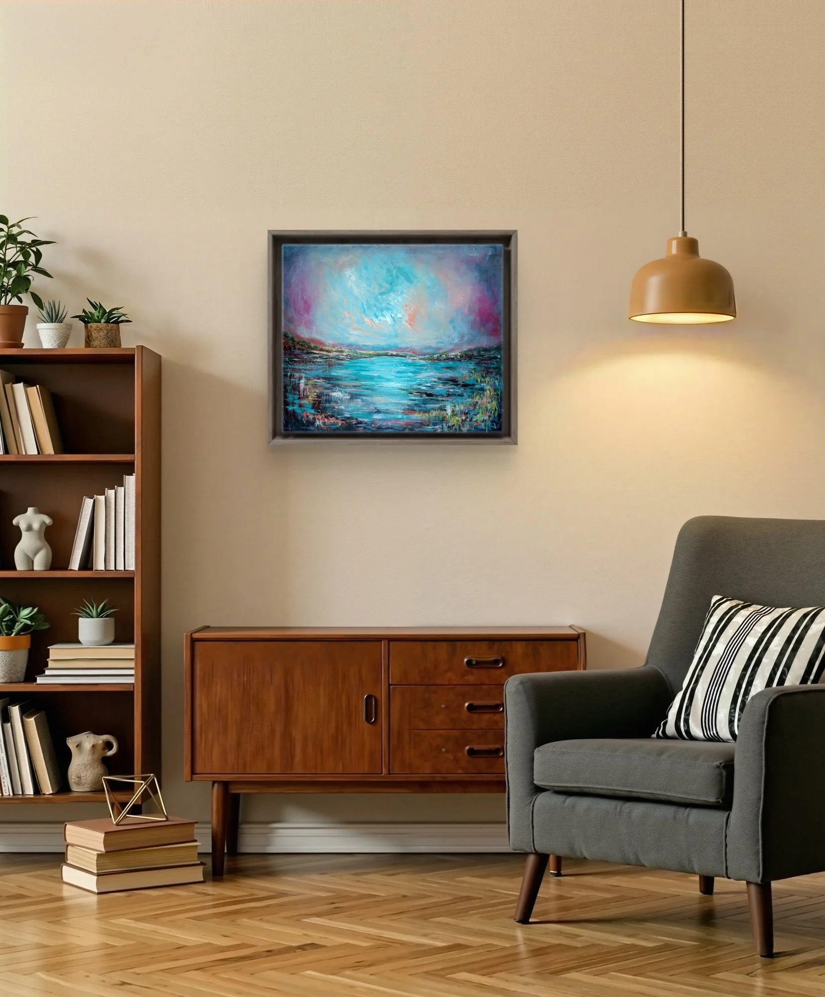 Original art abstract colourful landscape water painting by Irish artist Eimear Campbell