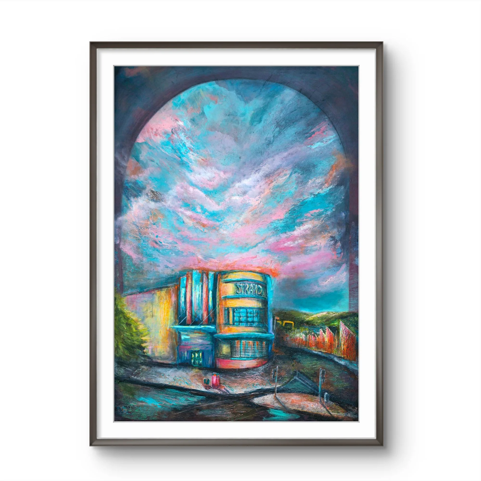 strand cinema painting, belfast art, harland and wolff cranes, slieve donard art, nature painting, irish art print, belfast artist, abstract art