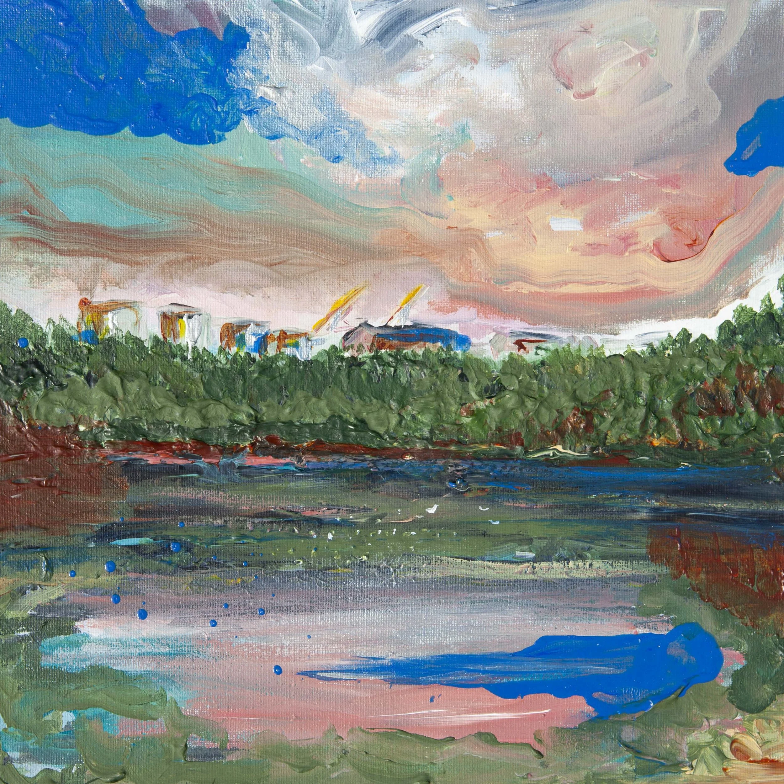 Painting of the Belfast docks and Harland and Wolff cranes by abstract artist Eimear Campbell