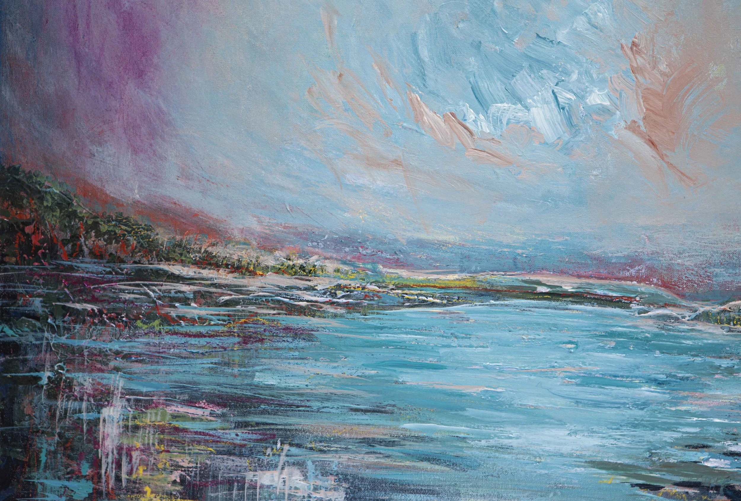 Original art abstract colourful landscape water painting by Irish artist Eimear Campbell