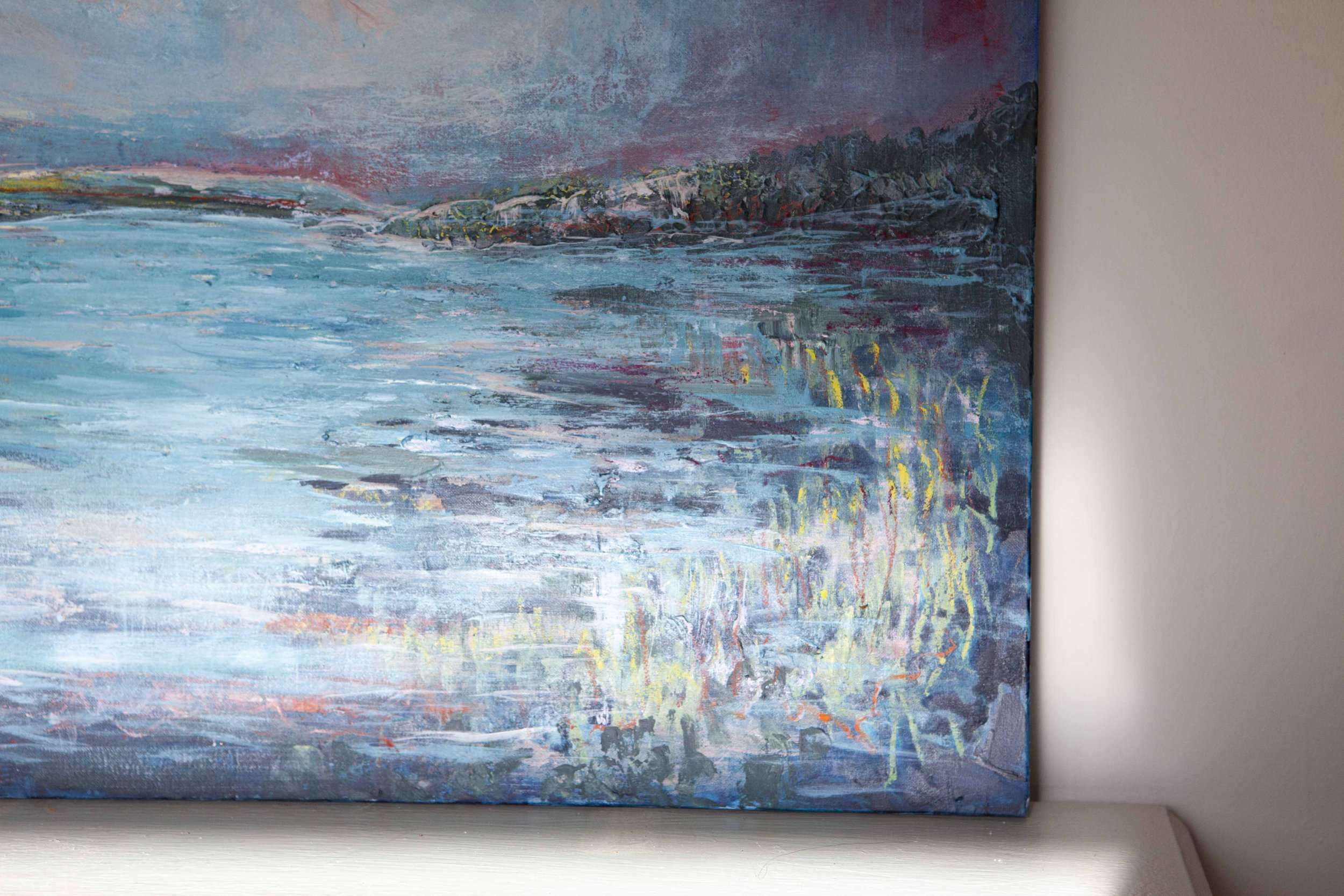 abstract irish art, atmospheric painting, painting for living room, nature painting, irish art for sale, buy art from Belfast artist, painting of lough erne fermanagh, water abstract painting