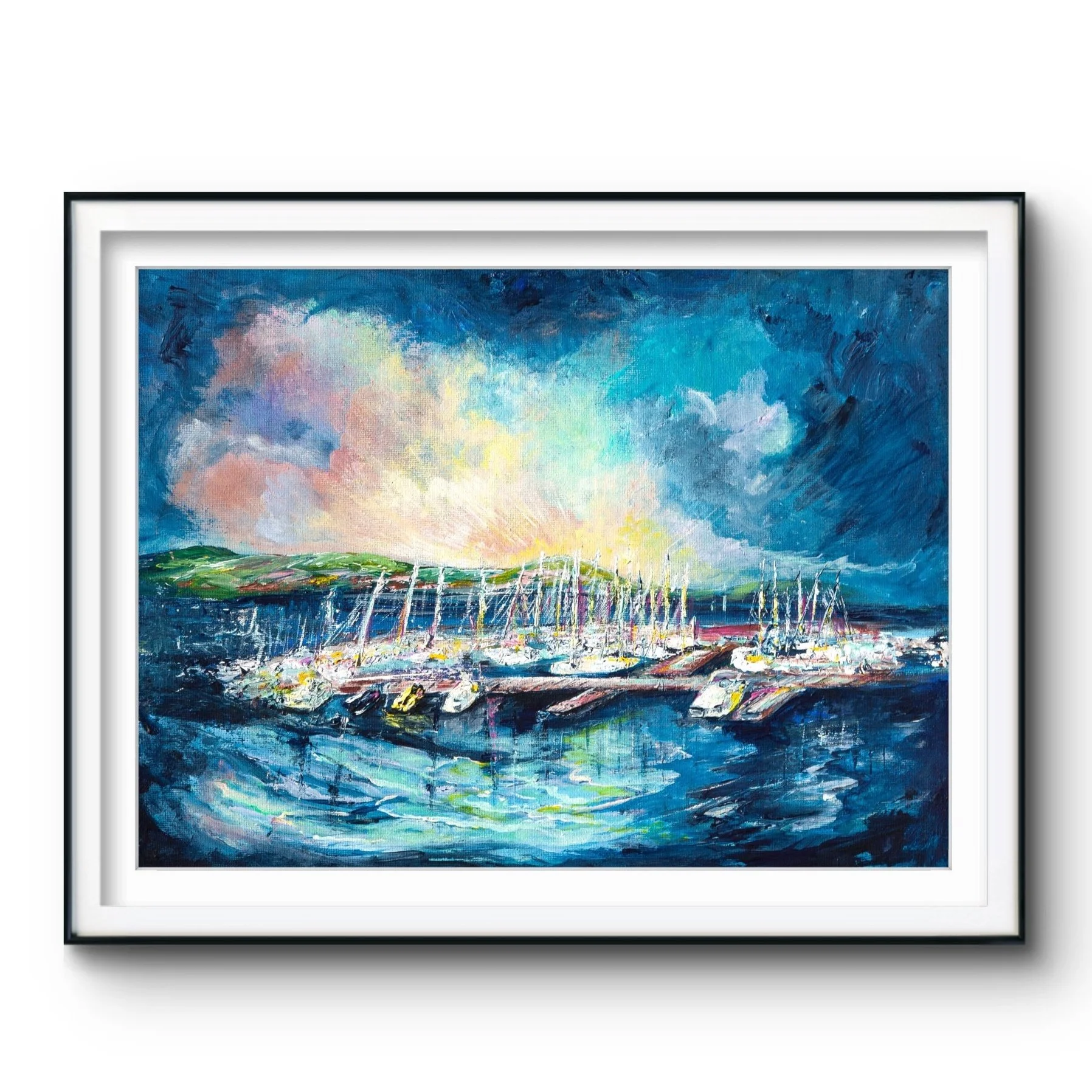 Painting of Carlingford lough, county louth art, Irish art print, boats sailing art, abstract landscape, Belfast artist Eimear Campbell