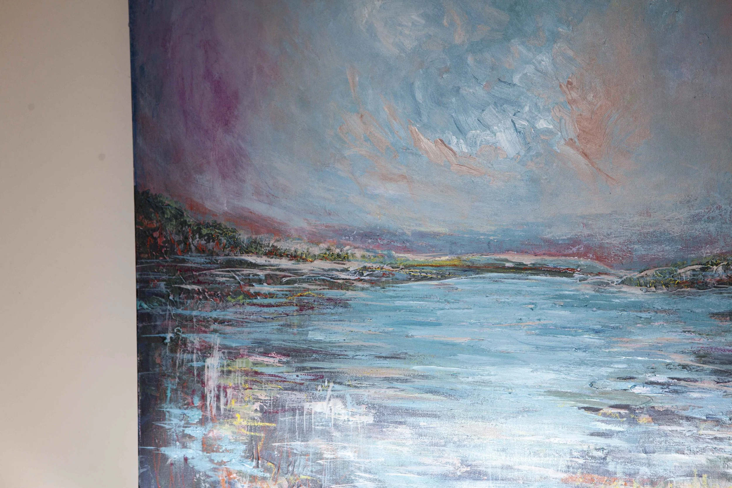 abstract irish art, atmospheric painting, painting for living room, nature painting, irish art for sale, buy art from Belfast artist, painting of lough erne fermanagh, water abstract painting