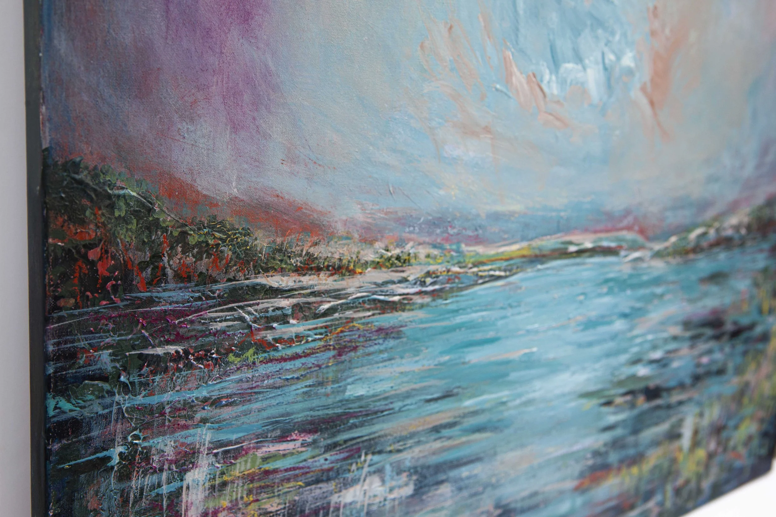 Original art abstract colourful landscape water painting by Irish artist Eimear Campbell