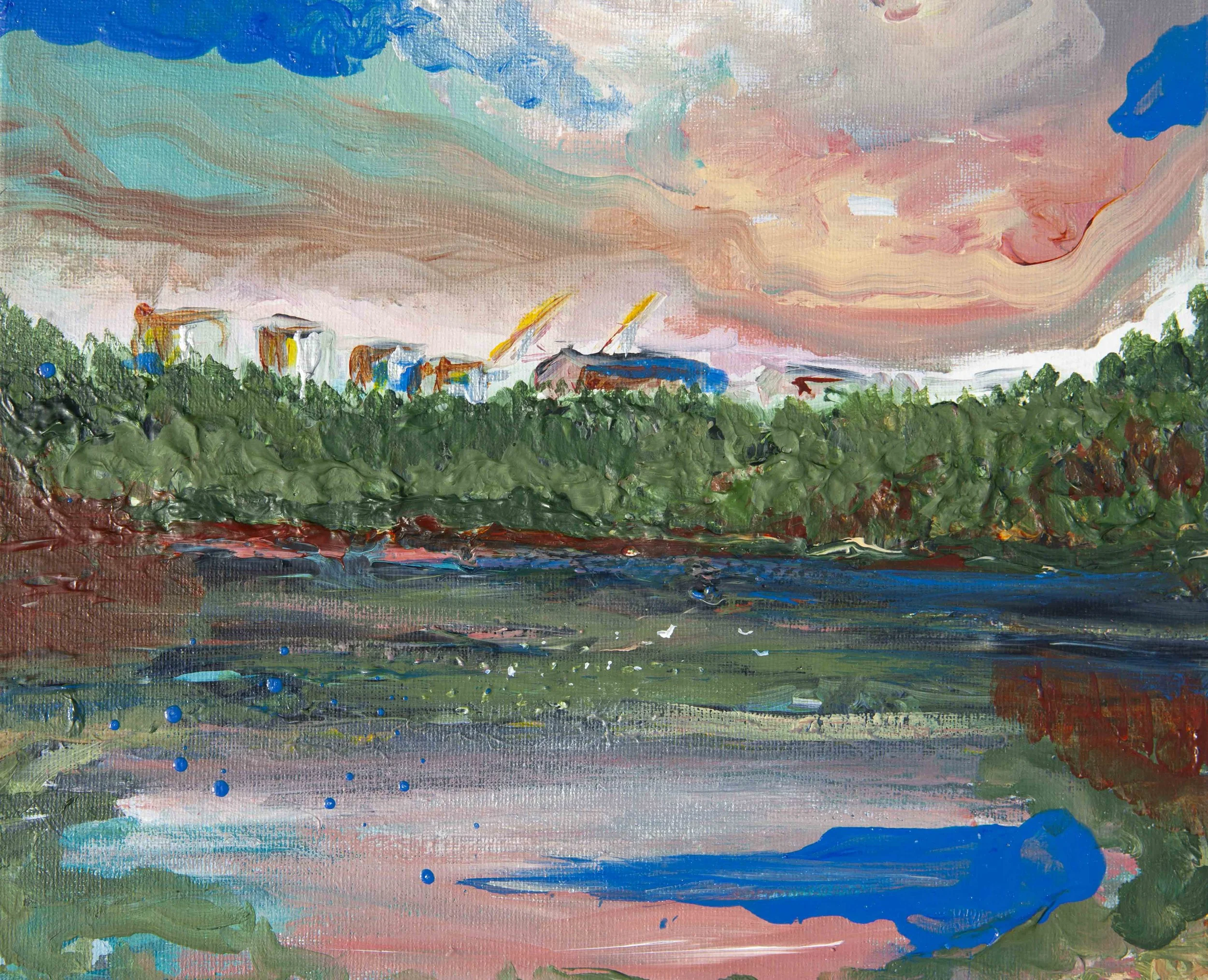 Painting of the Belfast docks and Harland and Wolff cranes by abstract artist Eimear Campbell