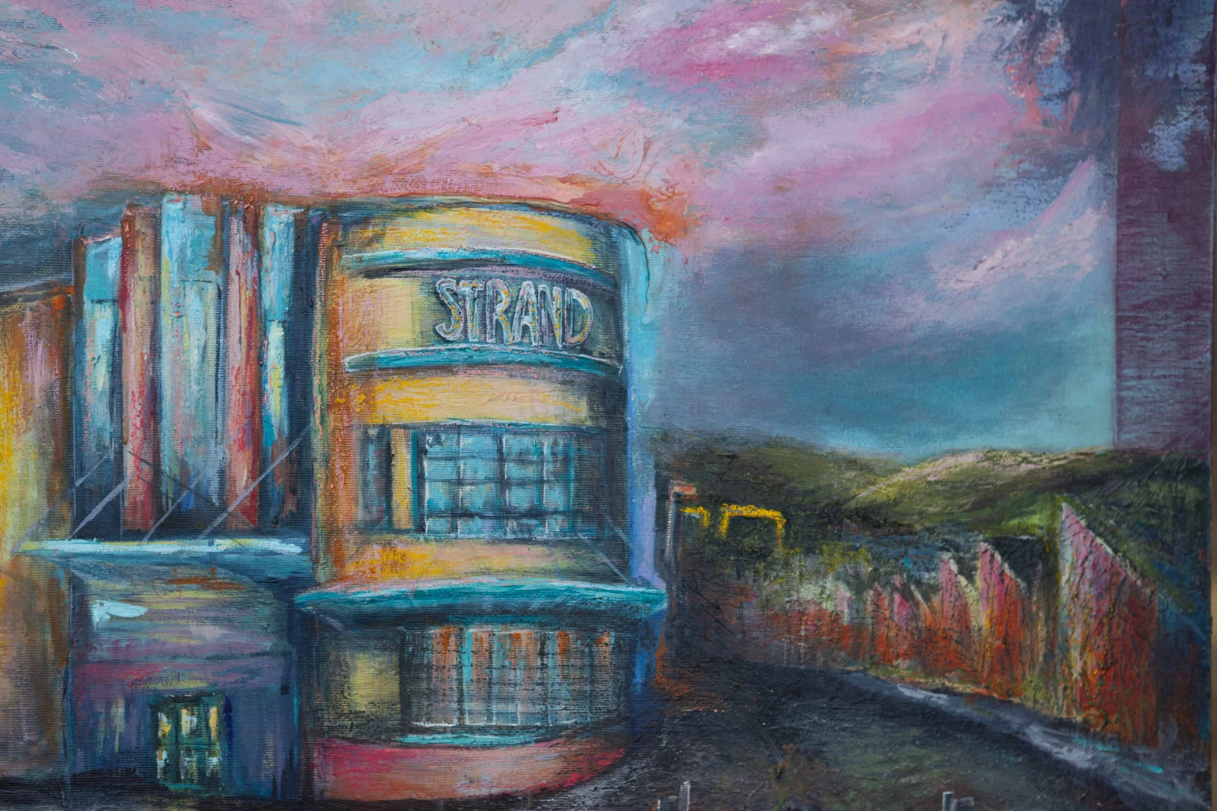 strand cinema painting, belfast art, harland and wolff cranes, slieve donard art, nature painting, irish art print, belfast artist, abstract art