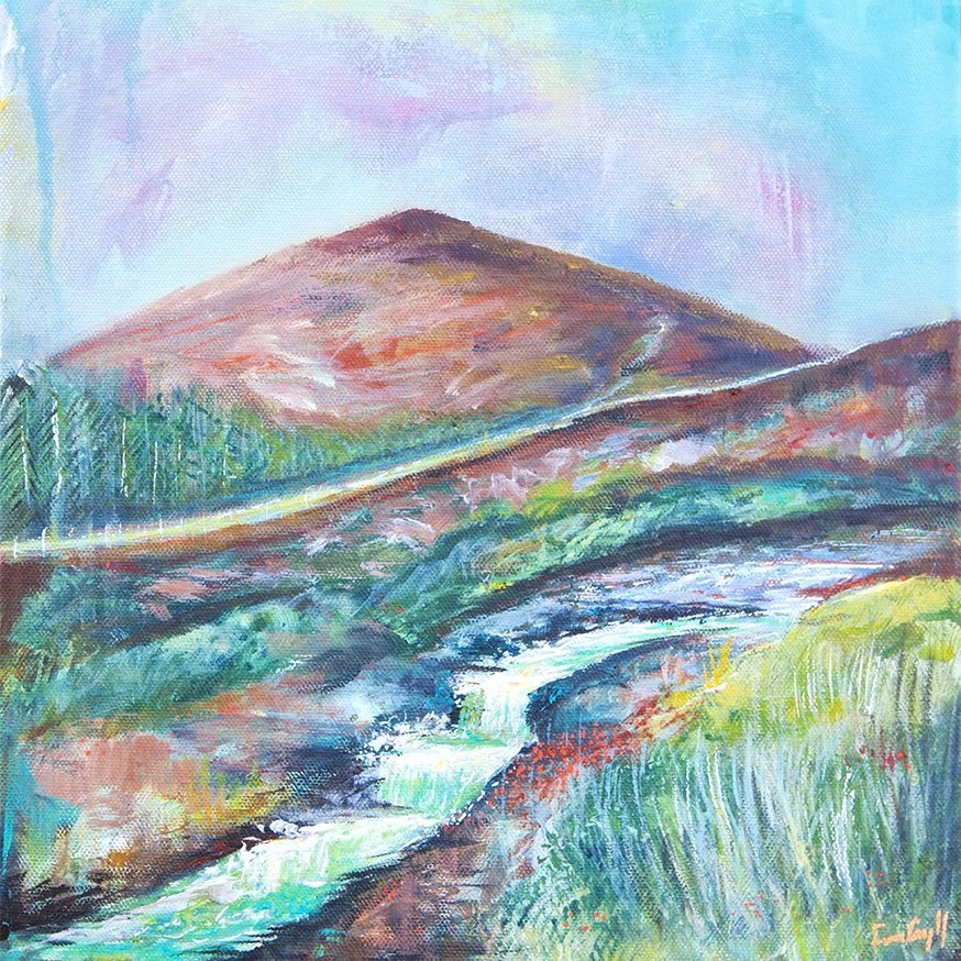 Contemporary Irish art, painting on Slieve Donard Mourne Mountains Ireland, Glen River painting, limited edition art print, Belfast artist Eimear Campbell