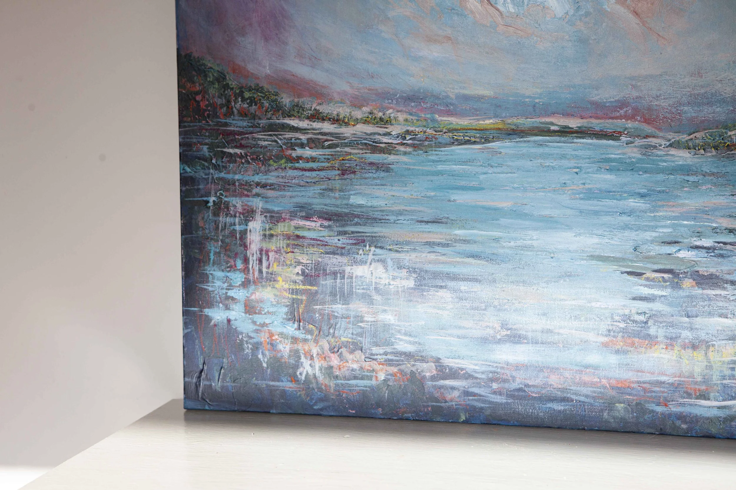 abstract irish art, atmospheric painting, painting for living room, nature painting, irish art for sale, buy art from Belfast artist, painting of lough erne fermanagh, water abstract painting