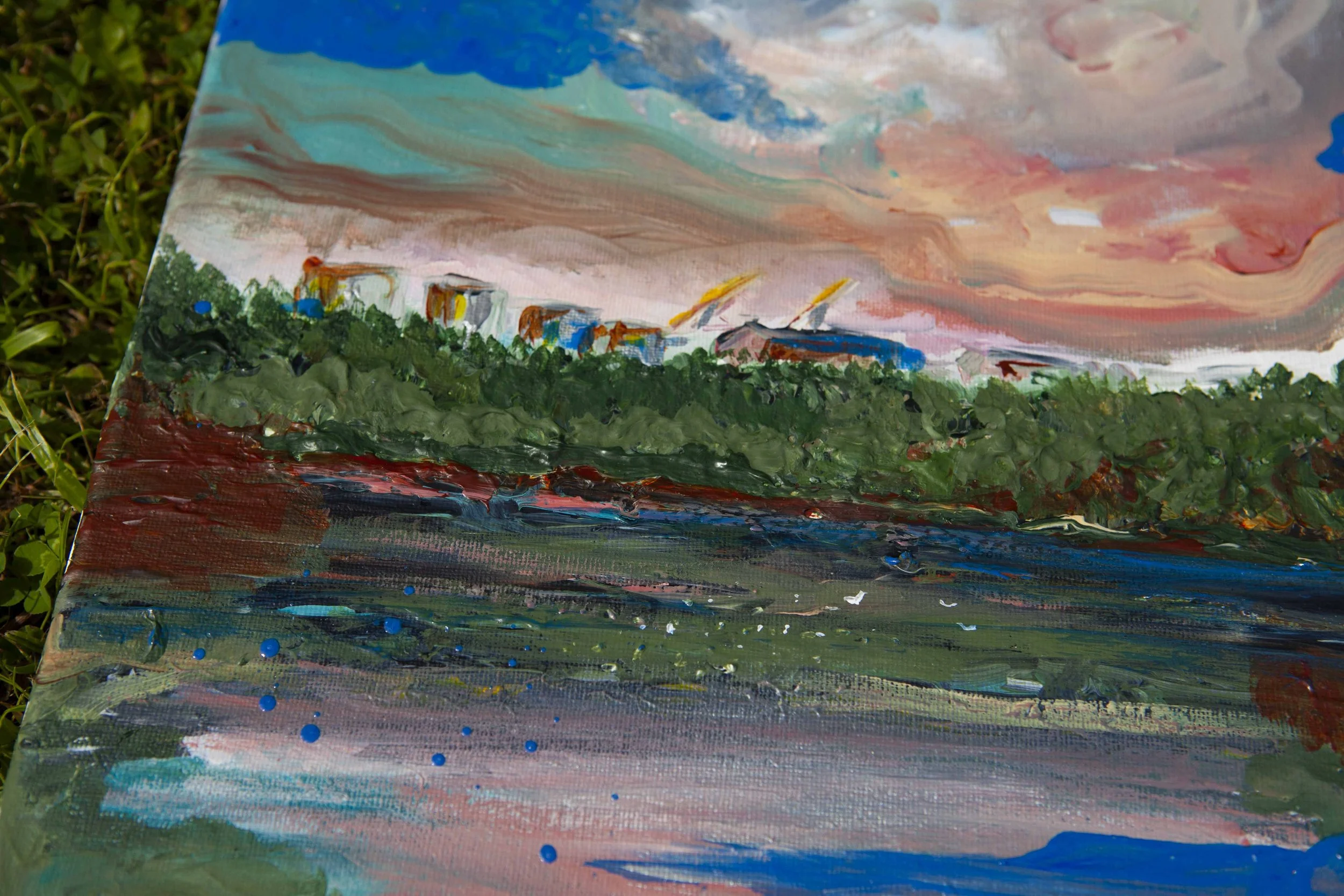 Painting of the Belfast docks and Harland and Wolff cranes by abstract artist Eimear Campbell
