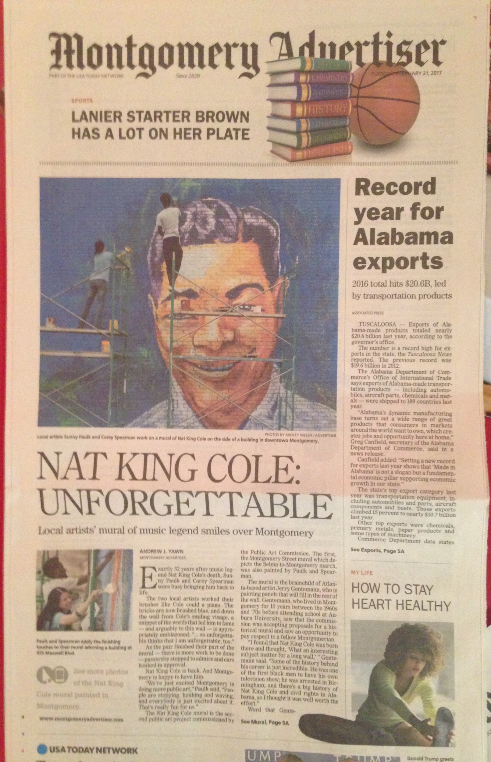 Coverage of the part of the Nat King Cole mural that Corey Spearman and I painted, Montgomery Advertiser, February 21, 2017. Online photo gallery at http://on.mgmadv.com/2lsnu33