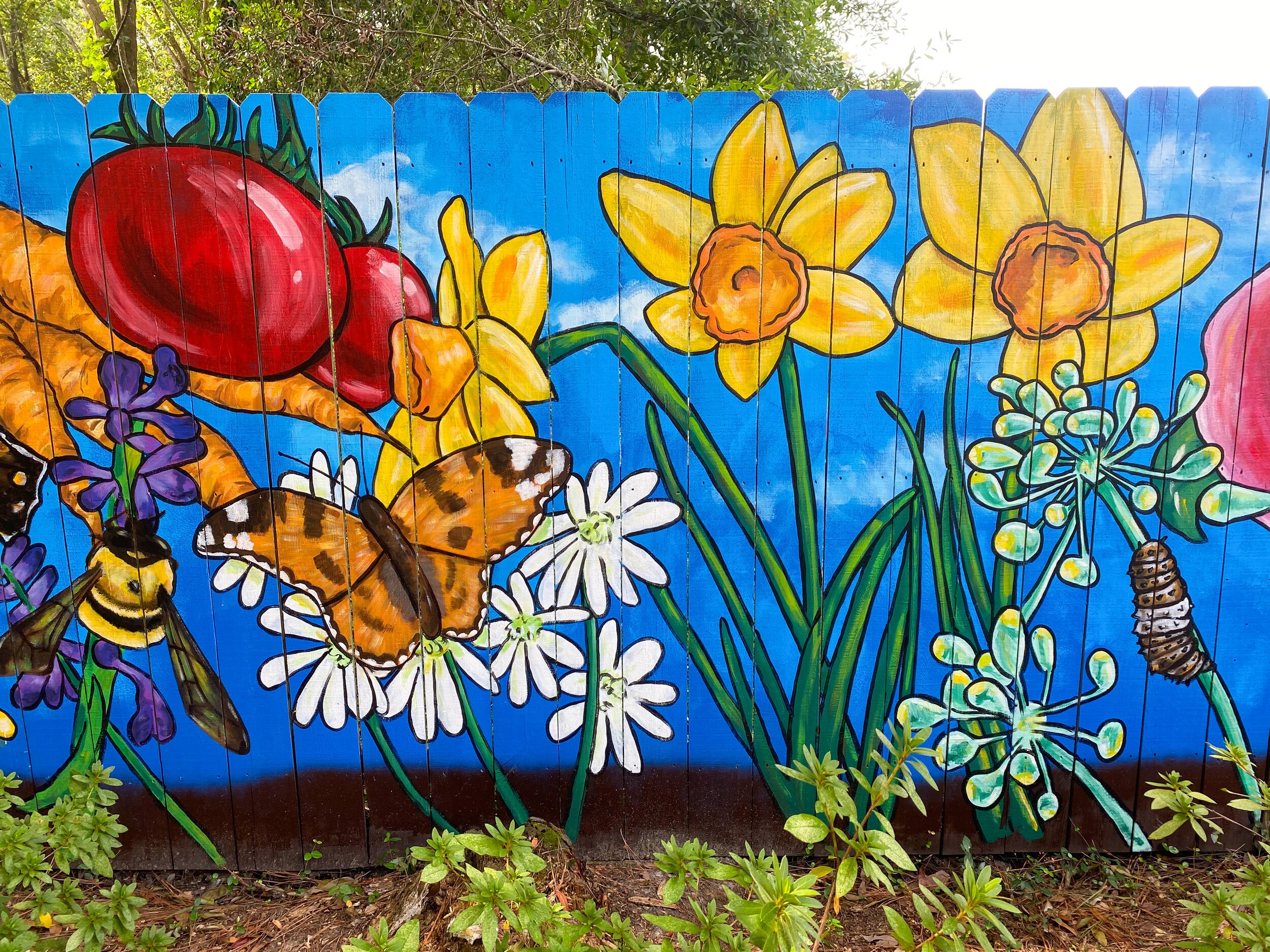   From Blight to Beauty  (detail) .  Old Cloverdale Community Garden mural, Montgomery, AL. 25’x6’ exterior latex on wood. October 2020. 