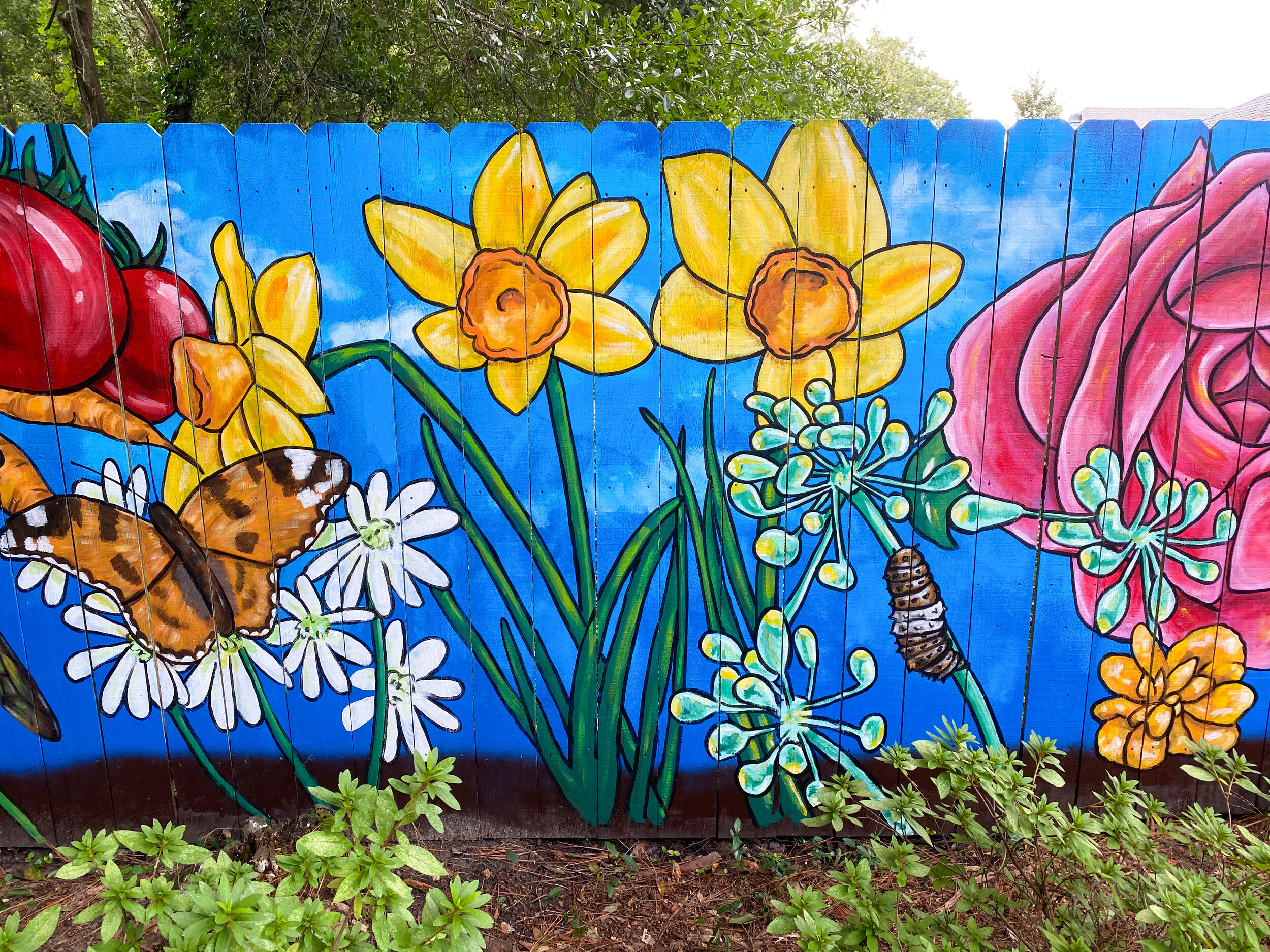   From Blight to Beauty  (detail). Old Cloverdale Community Garden mural, Montgomery, AL. 25’x6’ exterior latex on wood. October 2020. 