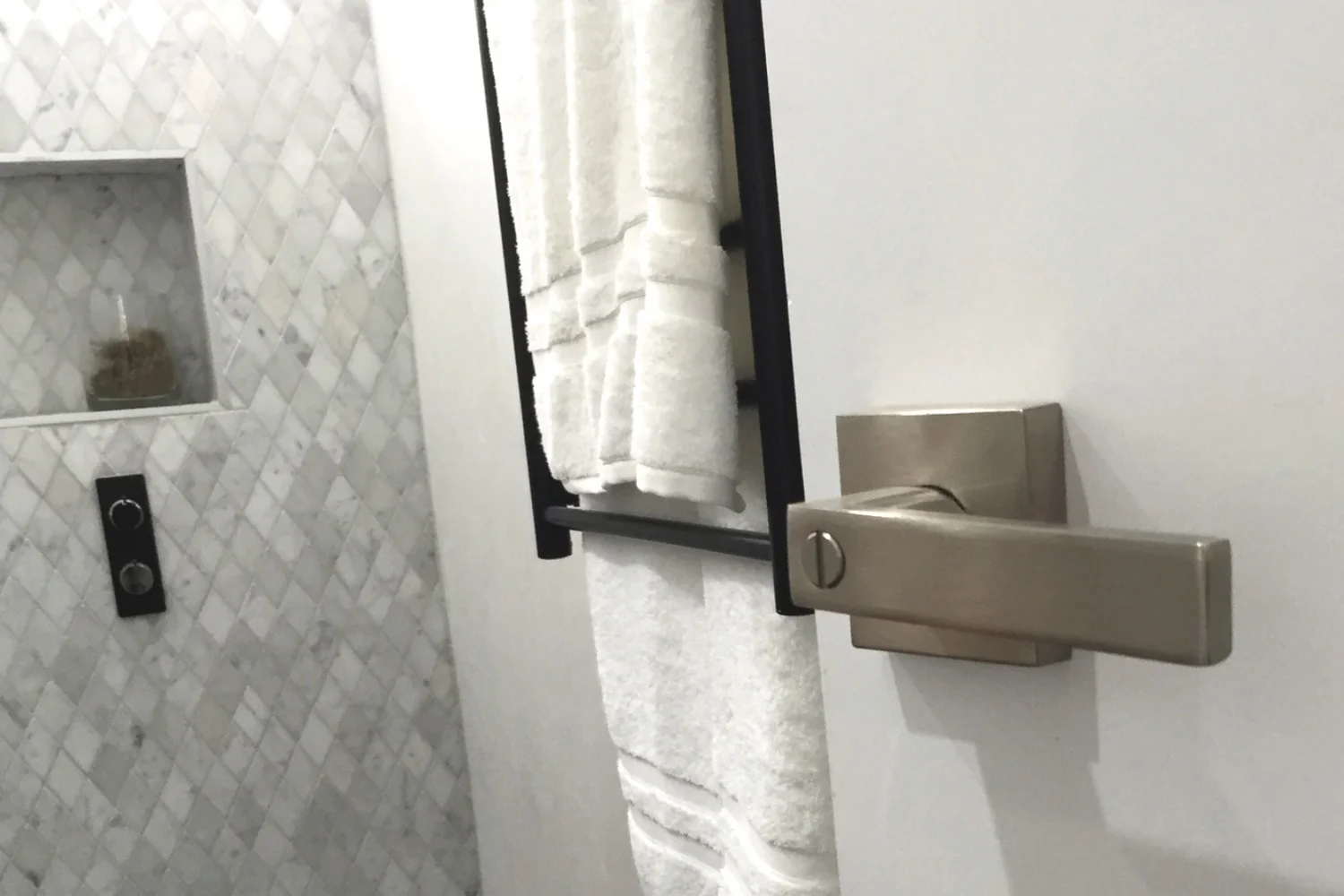 The Block 2015 - Triple Threat - Tim & Anastasia - bedroom ensuite shot with Nidus Lonsdale privacy set - brushed nickel finish- smaller .jpg