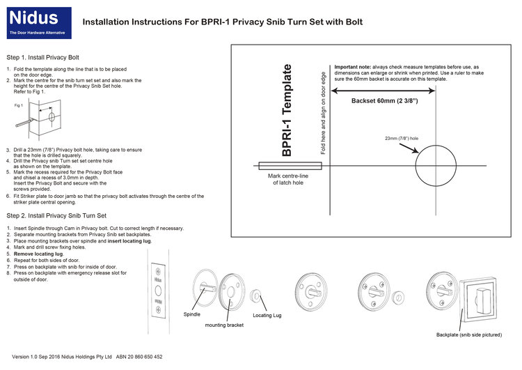 Nidus BPRI-1 Privacy Snib Turn Set installation instructions and template  Always check measure dimensions on these instructions as the physical dimensions can vary when printed or photocopied.