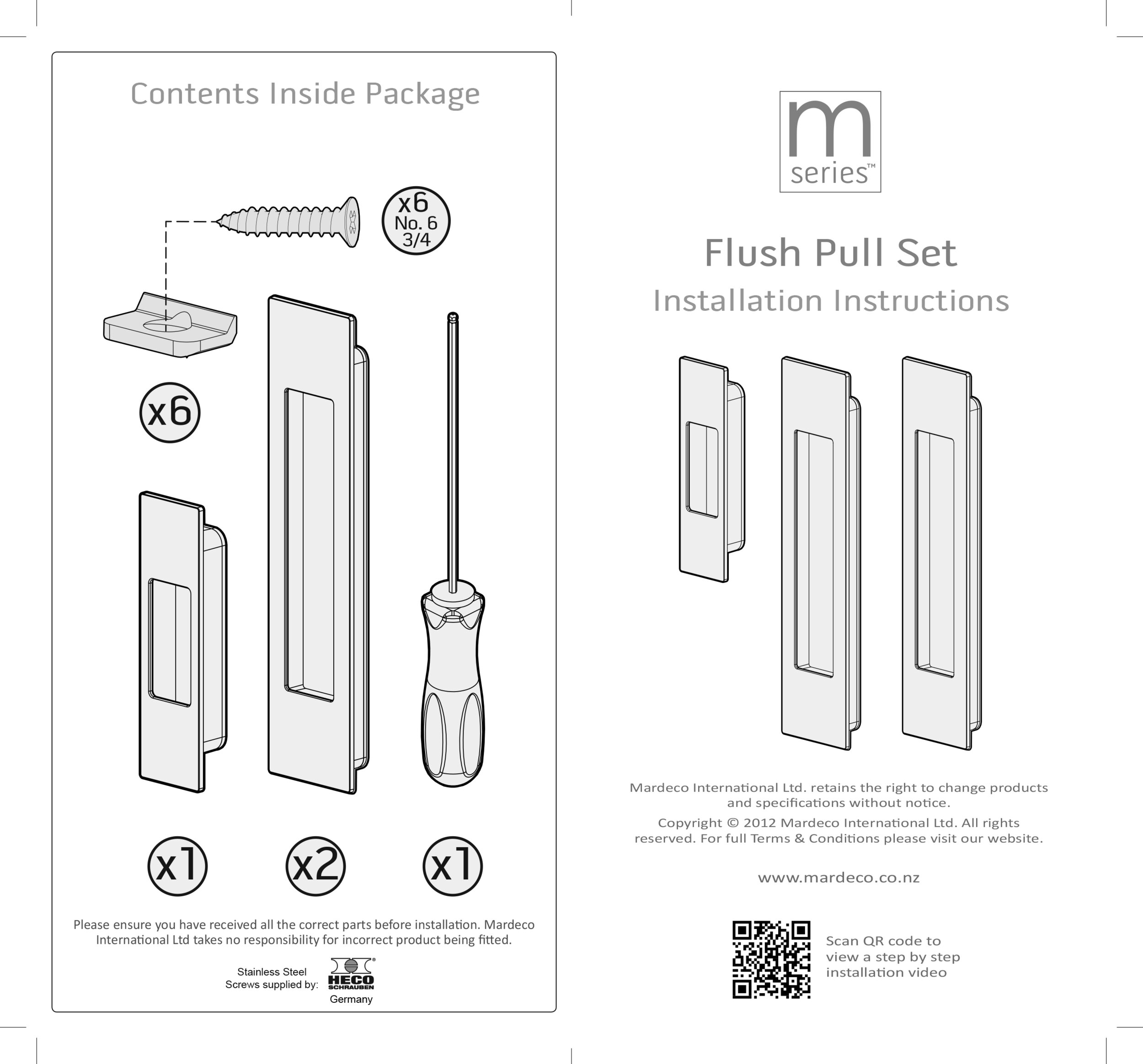 Mardeco 8008 - Flush Pull Set Including End Pull - Installation Instructions