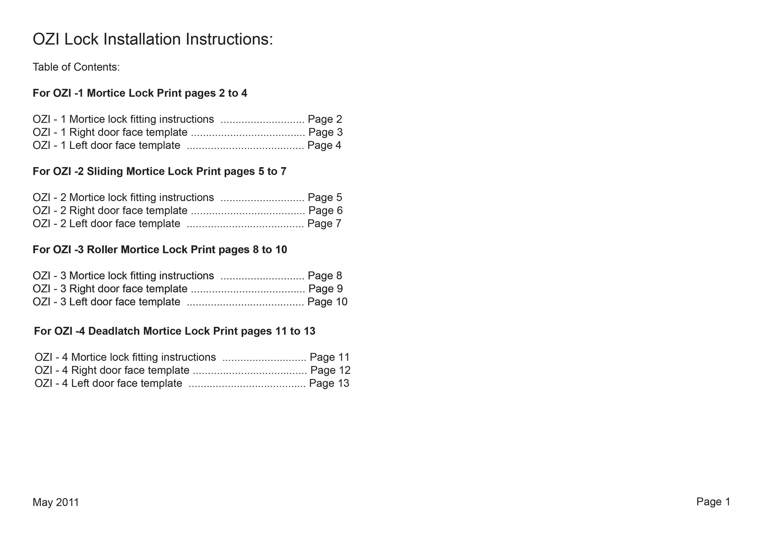 All OZI Lock fitting instructions and templates 
