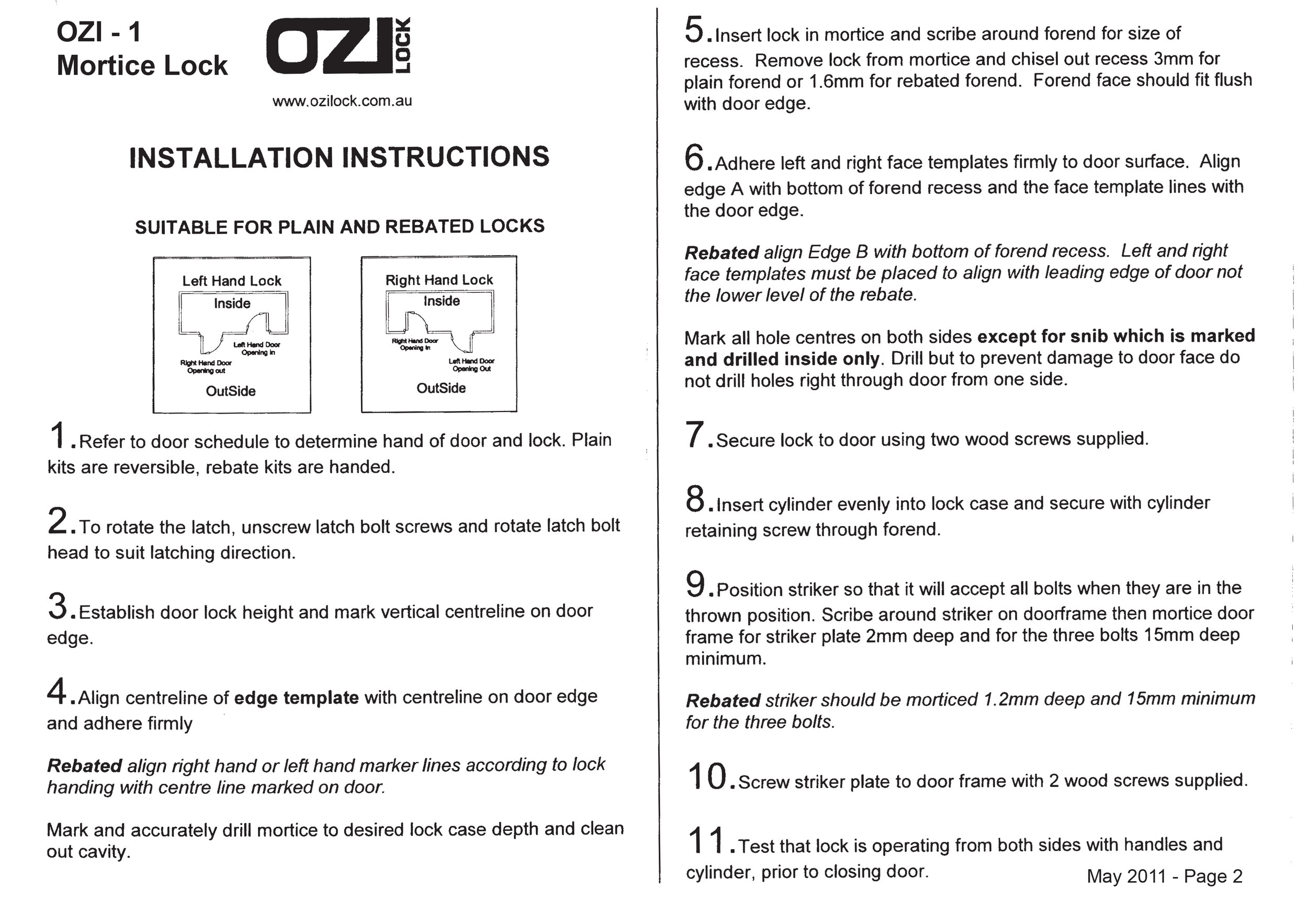 OZI-2 Lock Instructions & templates
