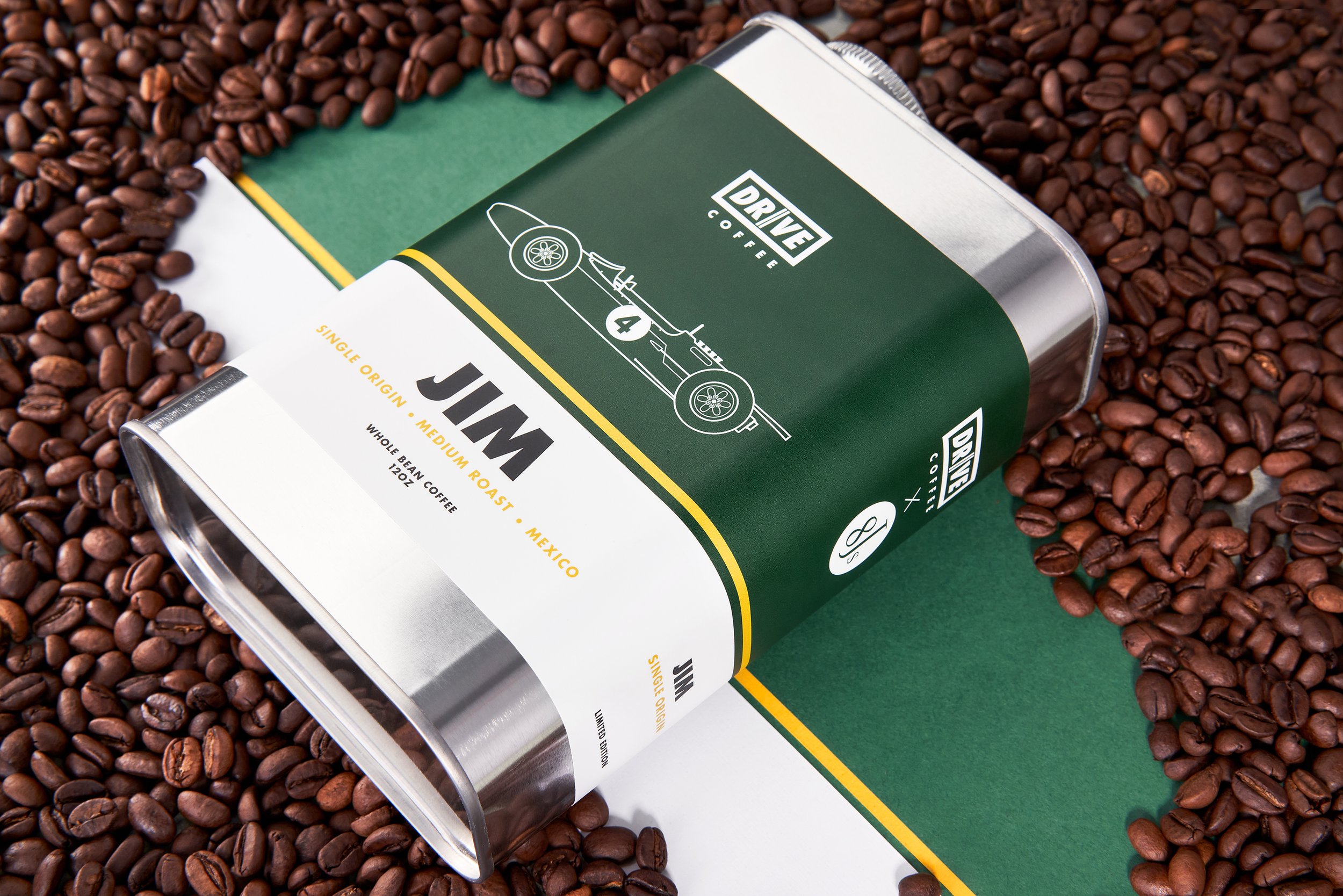 Drive Coffee, Jim edition, with matching surface and coffee beans, Product Photography, Ben Macri, Maine