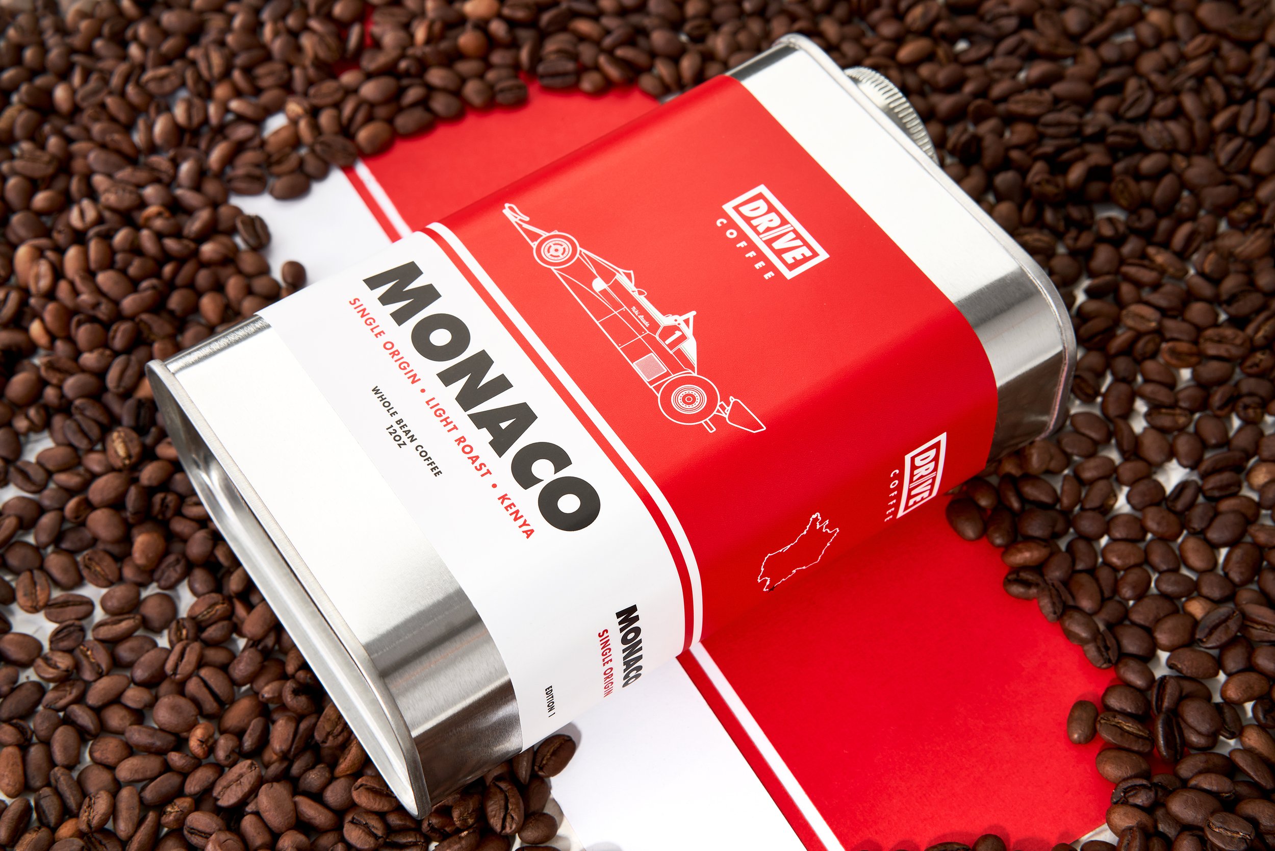 Drive Coffee, Monaco Edition, on matching surface with coffee beans, Product Photography, Ben Macri, Maine