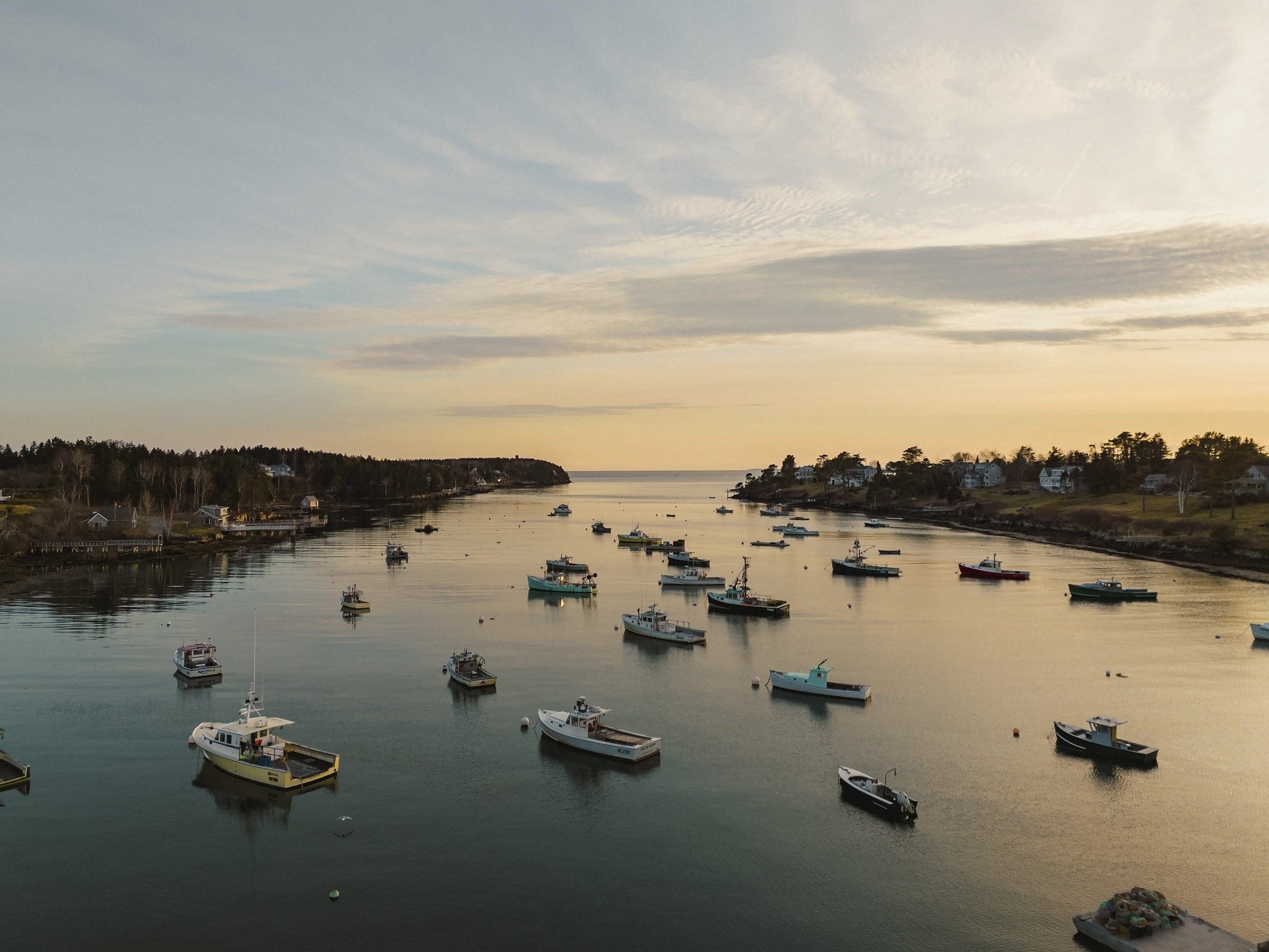 Boats docked in Mackerel Cove, Harpswell, Maine, Drone Photography