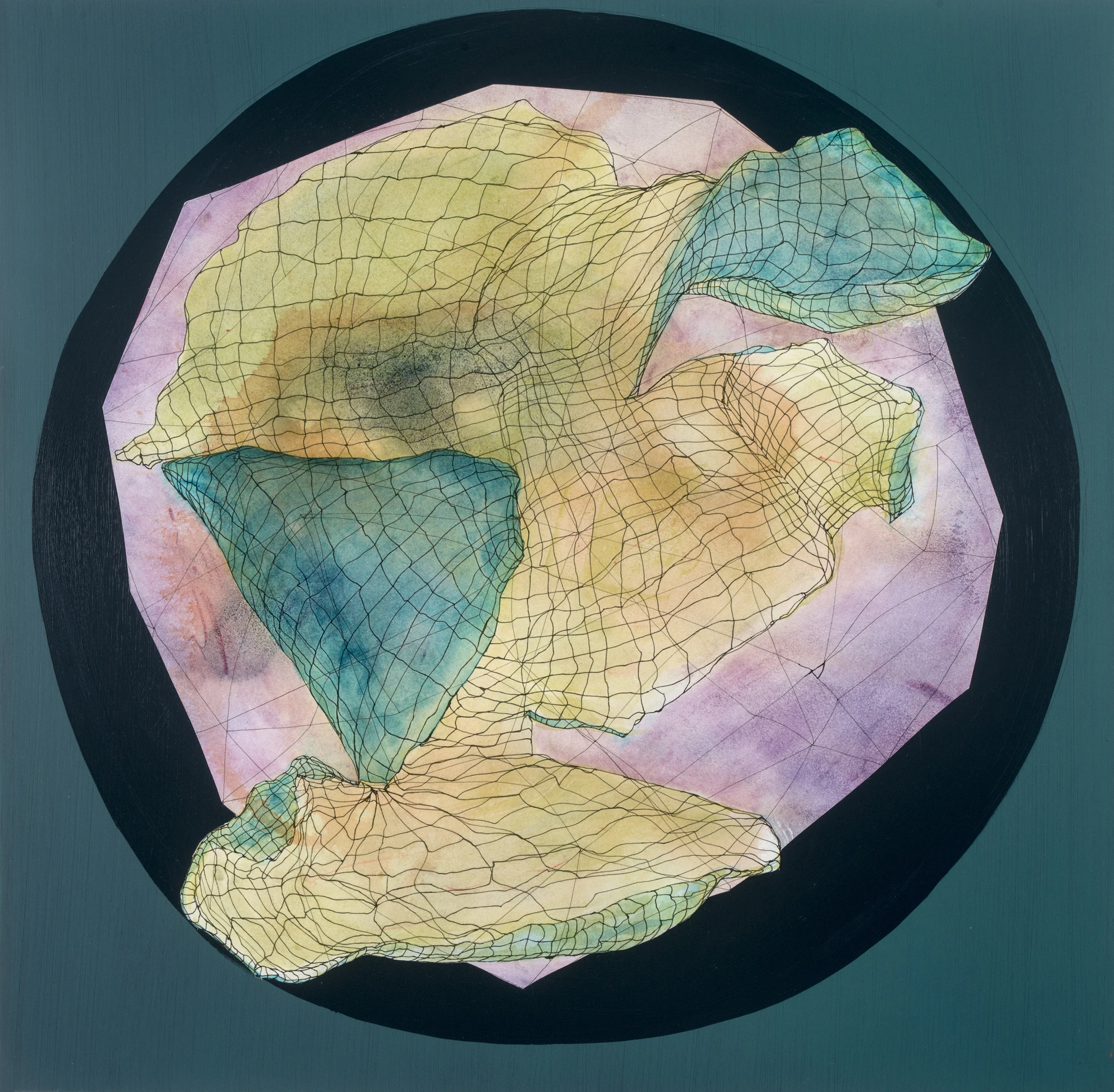 Simultaneous Dimension 12, 2014 acrylic, ink, watercolor, and paper on panel 23″ x 23.5″