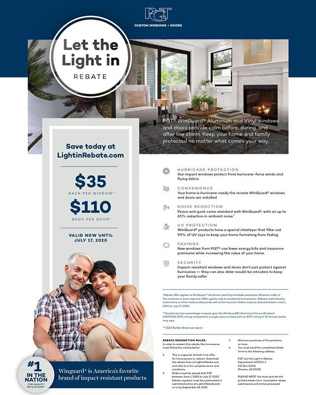 Let the light in Rebate: PGT&rsquo;s best rebate ever! #1 in the nation for impact resistant products. Call for a free quote today #pgtwinguard #pgt #rebate #save #specialist #aluminum #windowanddoor #contractor #pbg #npb #jupiter #martincounty @mike