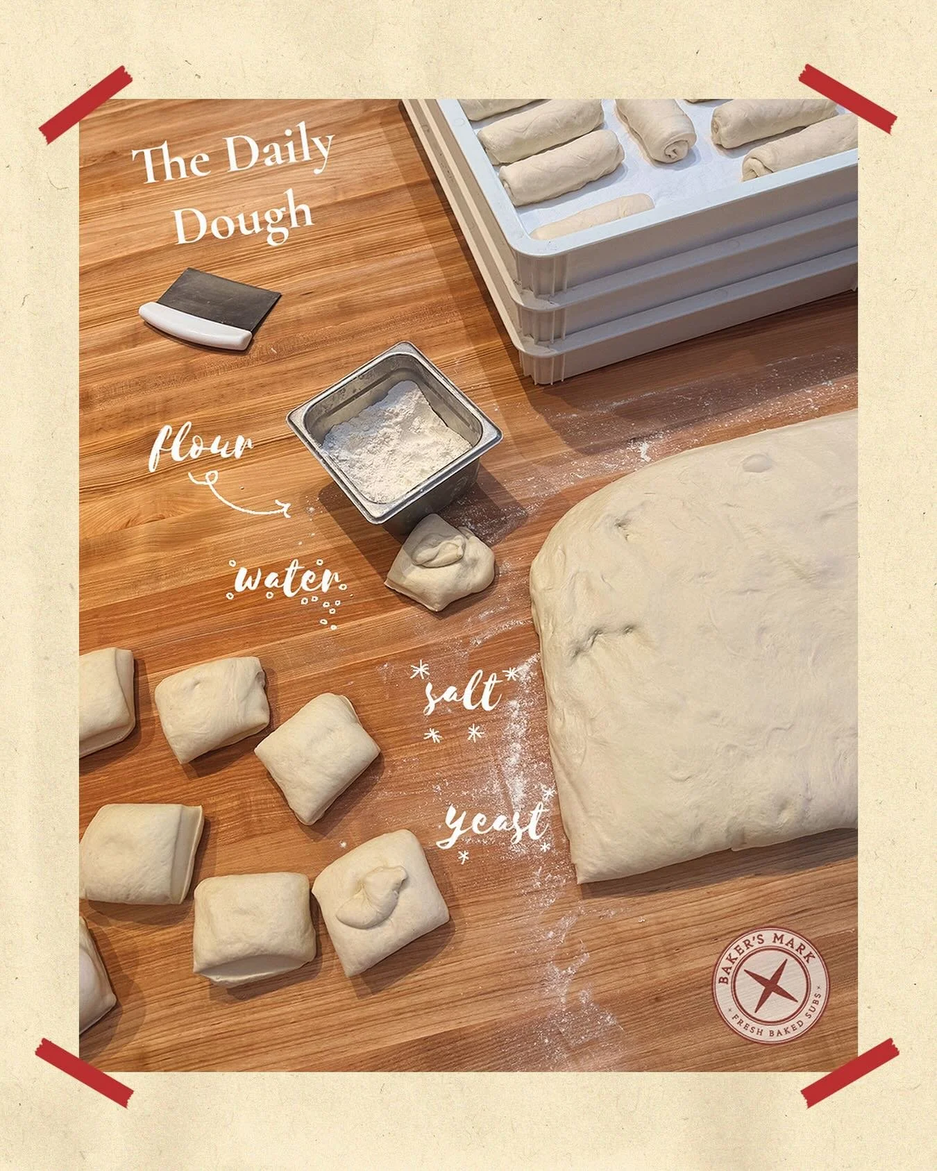 Proof that simple is best: water, flour, salt, yeast, and time. Our daily dough is made fresh every morning! 🌾 Our dough is dairy and egg-free, which means most of our rolls are too! A few of our seasonal Dutch Crunch rolls contain dairy, but ask us