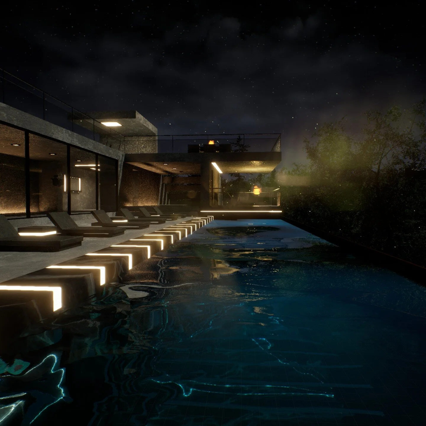 Reworking this old pool scene, playing with the #Niagara #particle system, yes I made the fireflies and then fire from scratch. And the new #unrealengine5 water system with #caustics. Also going to redo the video I made but this time all in Unreal En
