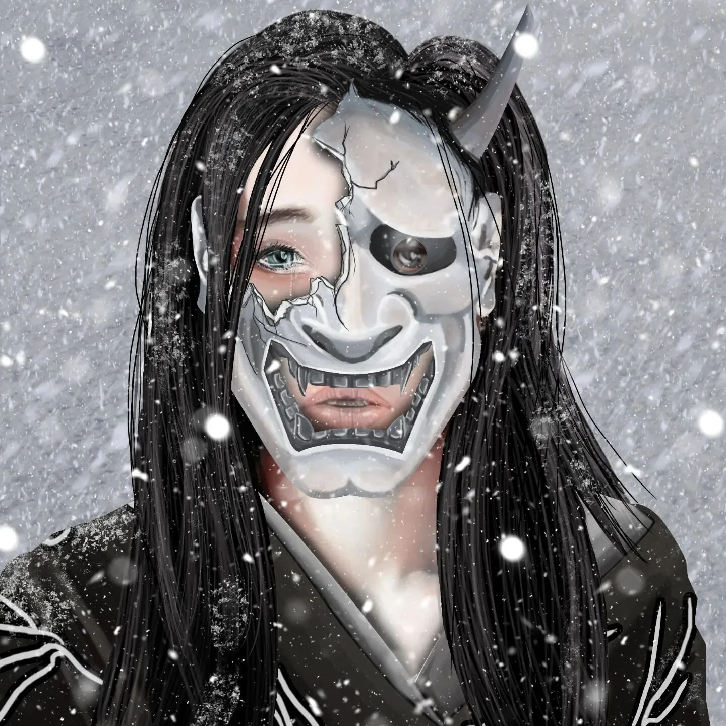 It took me FOREVER to finish this piece. I started it YEARS ago and forgot about it without ever finishing it.I finally took it to a place I feel comfortable calling it done. Here is the version with the hanya mask on, I'll post the unmasked tomorrow