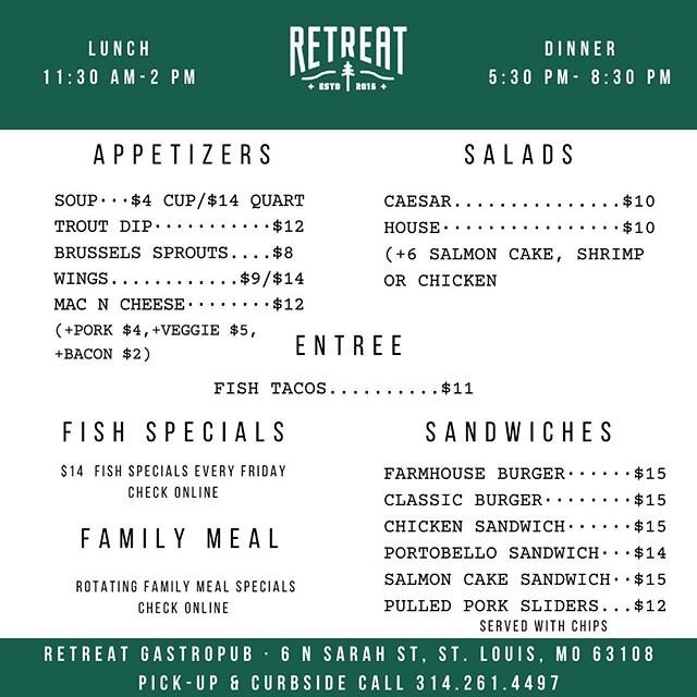 💥NEW WEEK, NEW MENU💥
All new reasons to try us for carry-out and curbside pick-up. Check back for rotating family meals and 🐠 specials on Friday!