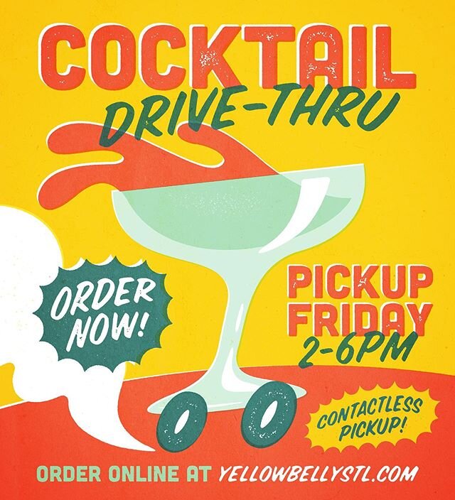 { HEY! OUR SIS YELLOWBELLY IS DOING A COCKTAIL DRIVE-THRU! }
.
PLACE YOUR ORDERS VIA YELLOWBELLYSTL.COM. ZERO CONTACT PICKUP IS BETWEEN 2PM &amp; 6PM FRIDAY MAY 1 AT YELLOWBELLY. HIT OUR PHONE NUMBER WHEN YOU ARRIVE. ❤️ &mdash;
.
THIS WEEKS MENU. ALL