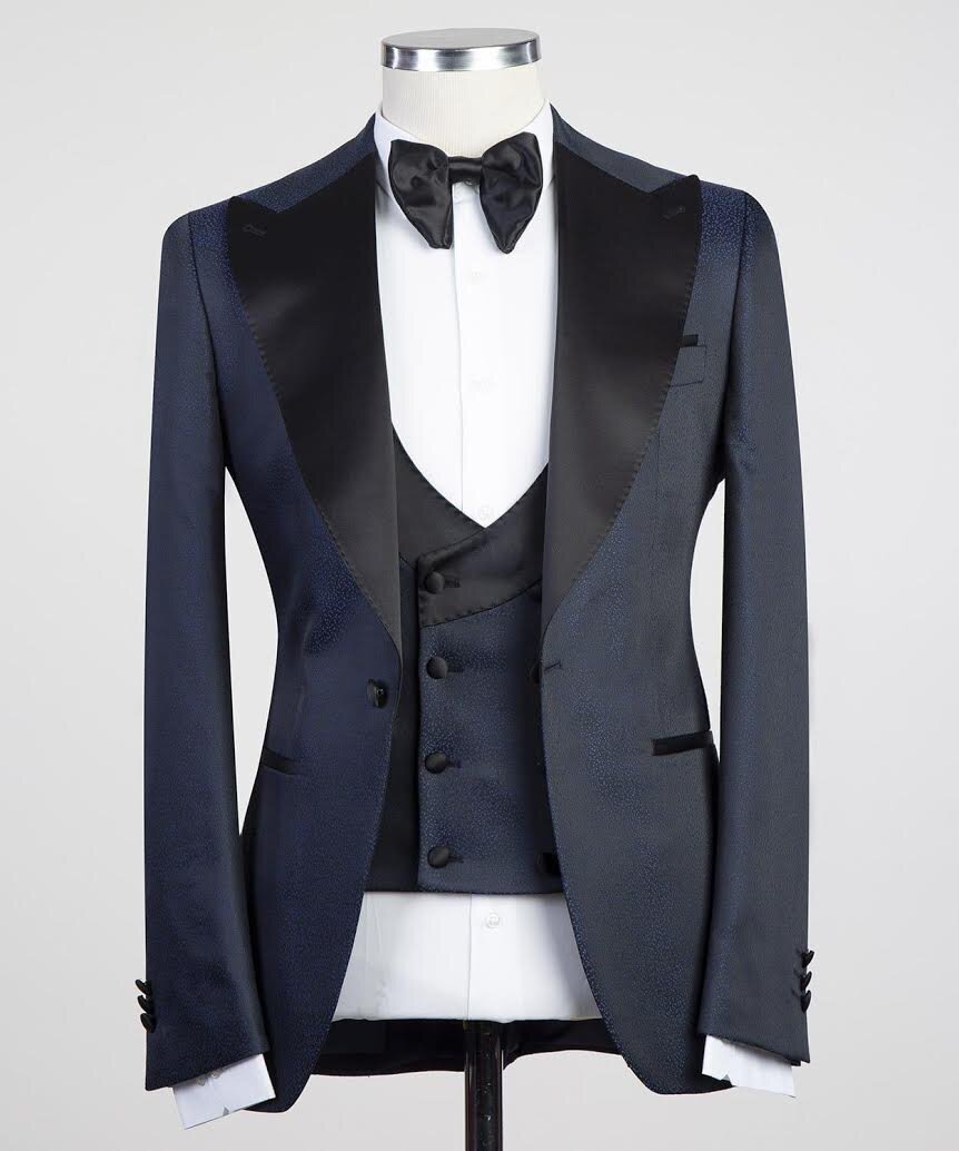 MIDNIGHT BLUE / BLACK DIAMOND PATTERN 3-PIECE TUXEDO