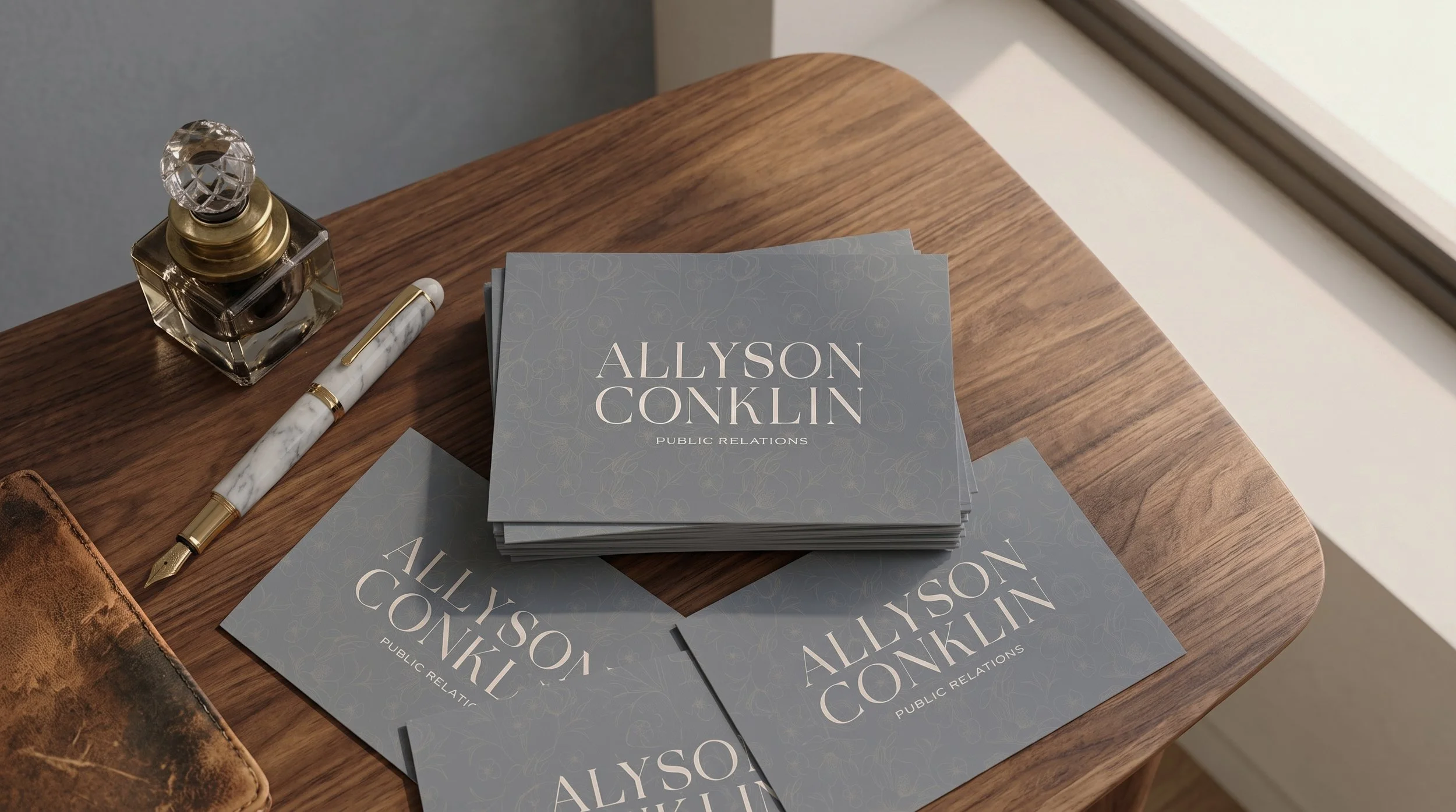 Business cards displaying the name "Allyson Conklin" with the title "Public Relations" on a wooden table next to a decorative pen and a glass perfume bottle.
