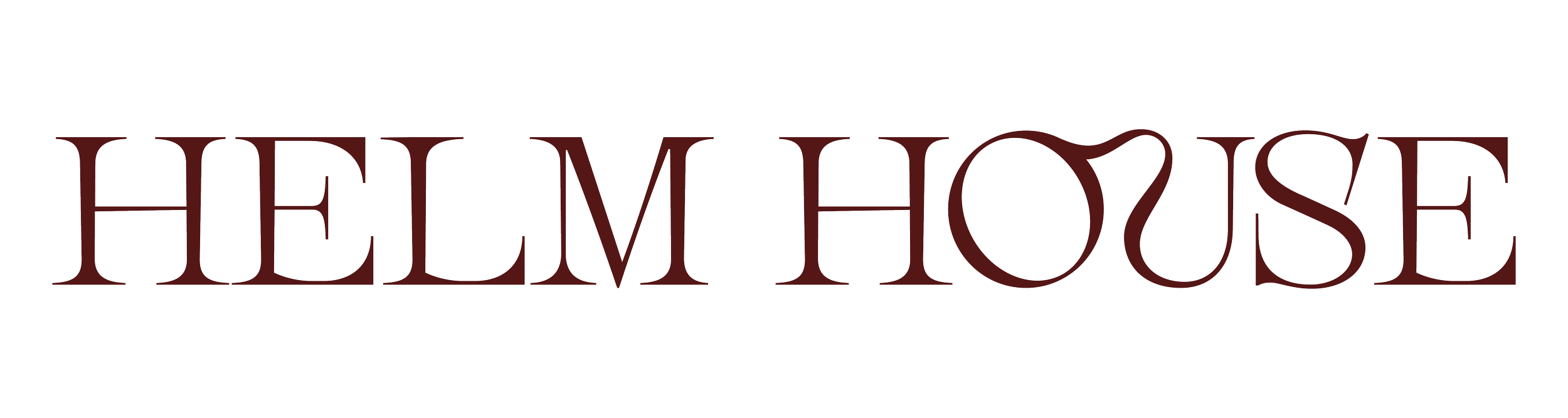 Logo for Helm House with stylized text in dark red.