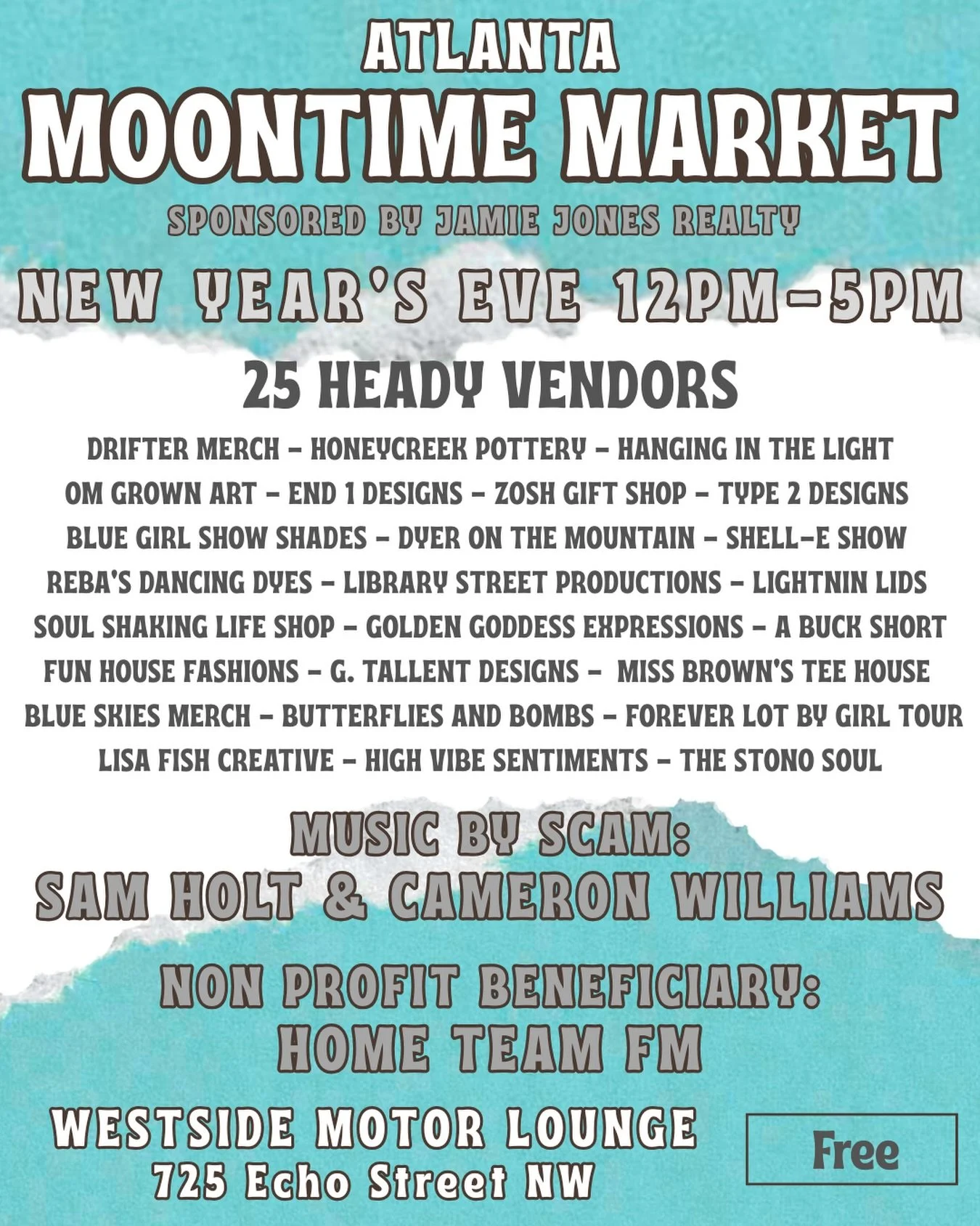 Don&rsquo;t miss our New Year&rsquo;s Eve Panic Pre-Party during the day at @wspmoontimemarket featuring SCAM: Sam Holt and Cameron Williams of Tishamingo playing plus 25 talented vendors all supporting Home Team FM. Jamie Jones Realty presents this 