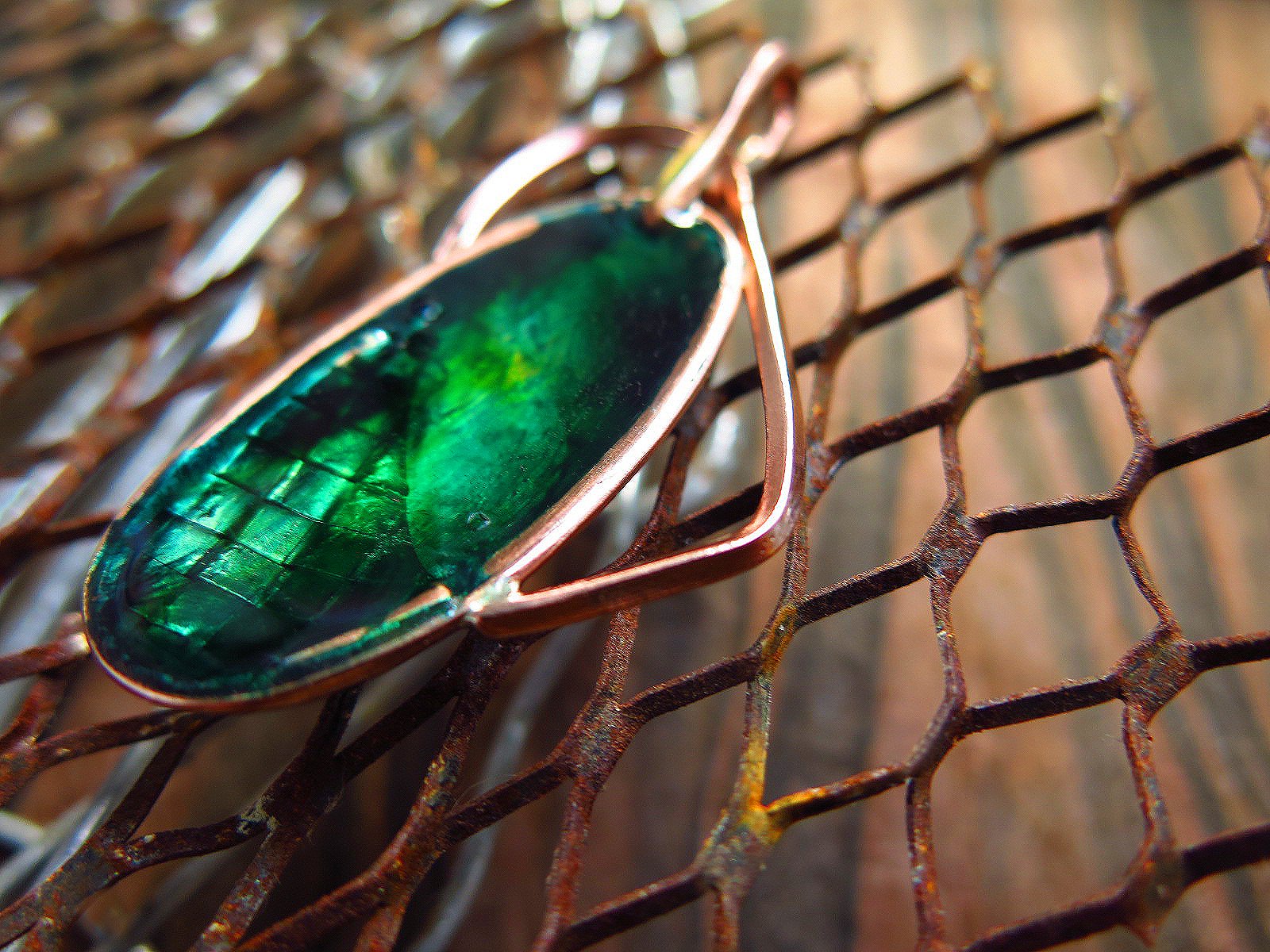 woven copper and resin pendant