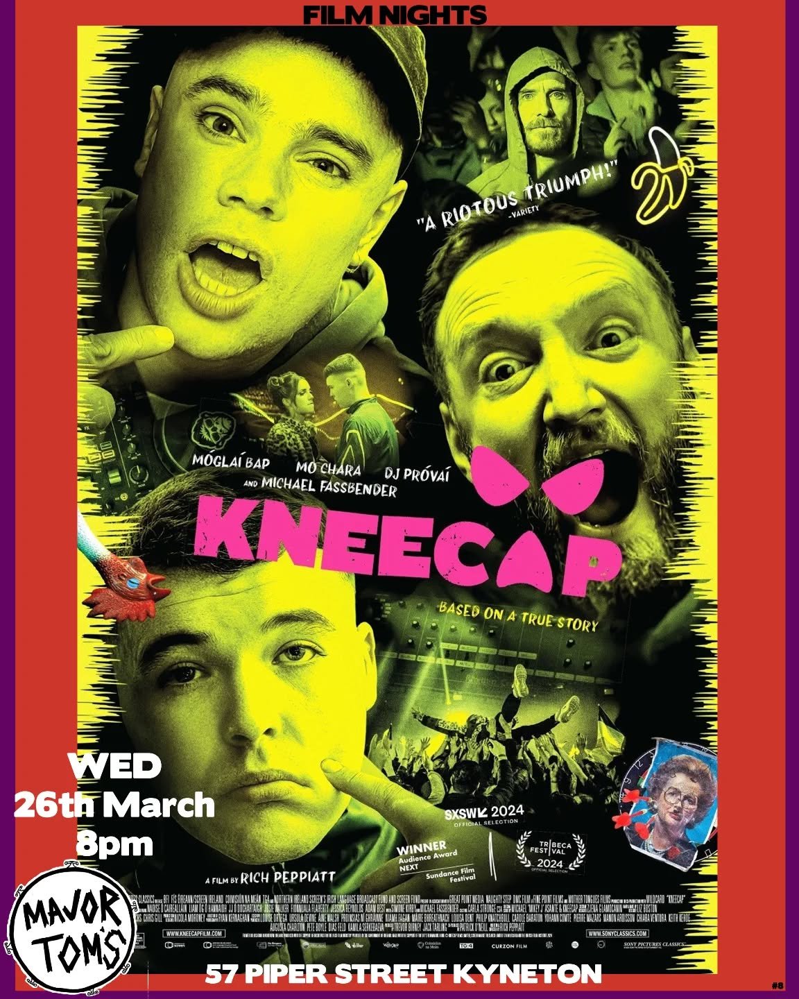 The return of film nights at Major Tom's, kicking off with an absolute banger, Kneecap! 
Based on the origin story of the riotous and ground-breaking Irish-language rap trio Kneecap, the film stars the band's Mo Chara, M&oacute;gla&iacute; Bap and DJ