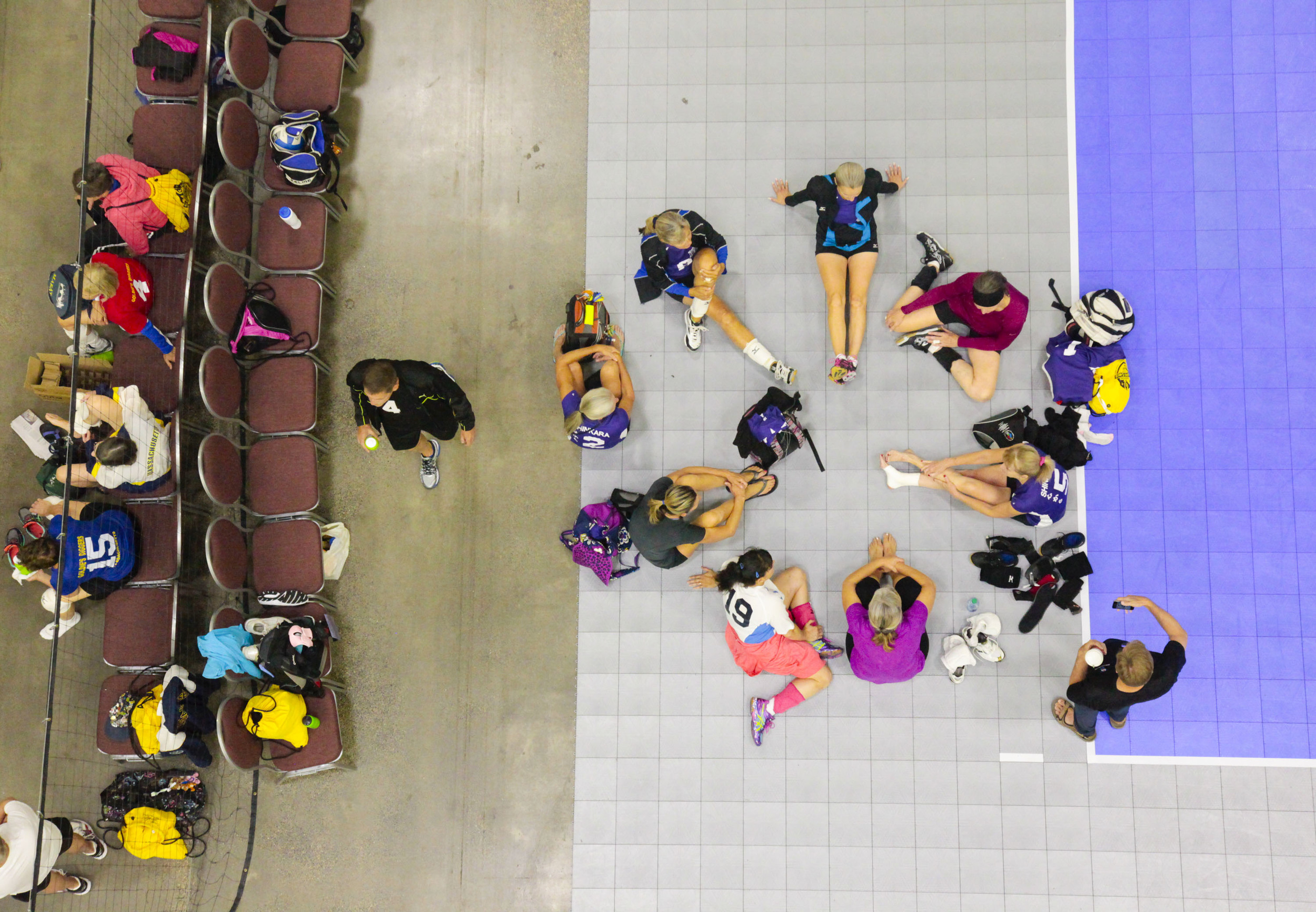  The Shinkara volleyball team relaxes after finishing a volleyball match that took place during the 2015 National Senior Games Volleyball Competiton on Jul. 15, 2015 in Minneapolis, MN. 