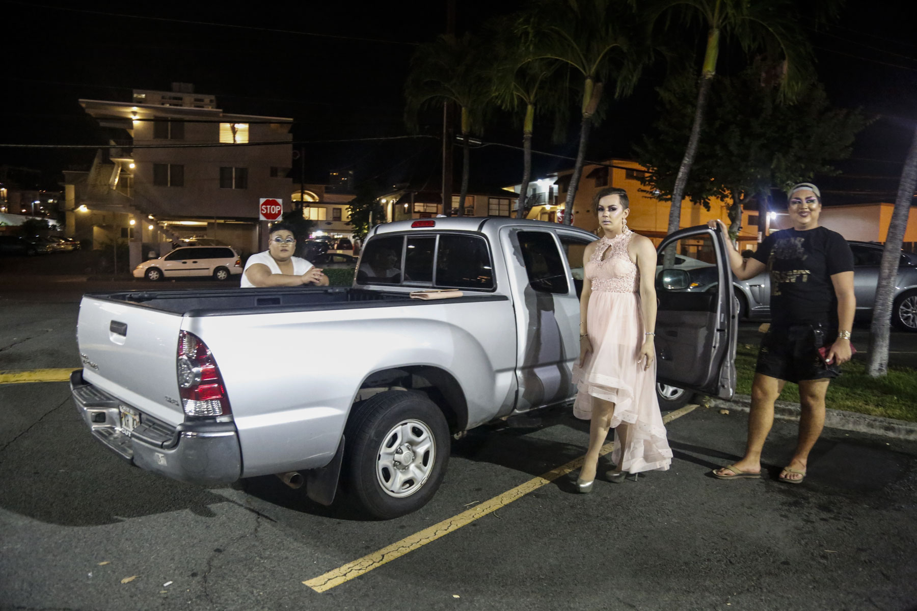  (From left to right) Water Melone, Aria Del Rey and Apple Aday pose for a portrait in front of Water Melone's truck at Zippy's in Makiki, HI after Drag Prom.&nbsp; 