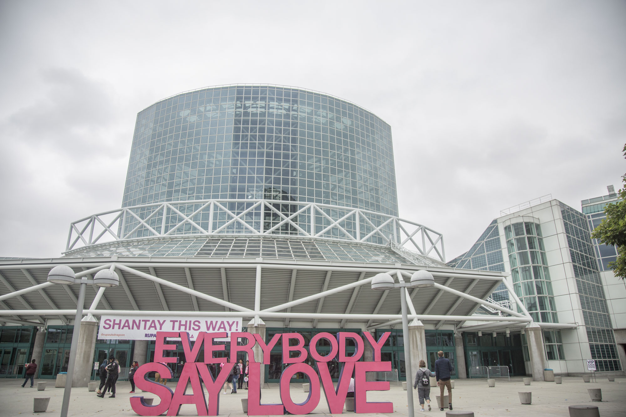  An ‘Everybody Say Love’ sign stands in front of the Los Angeles Convention Center on the opening day of RuPaul’s DragCon LA 2018 on May 11, 2018 in Los Angeles, Calif. 