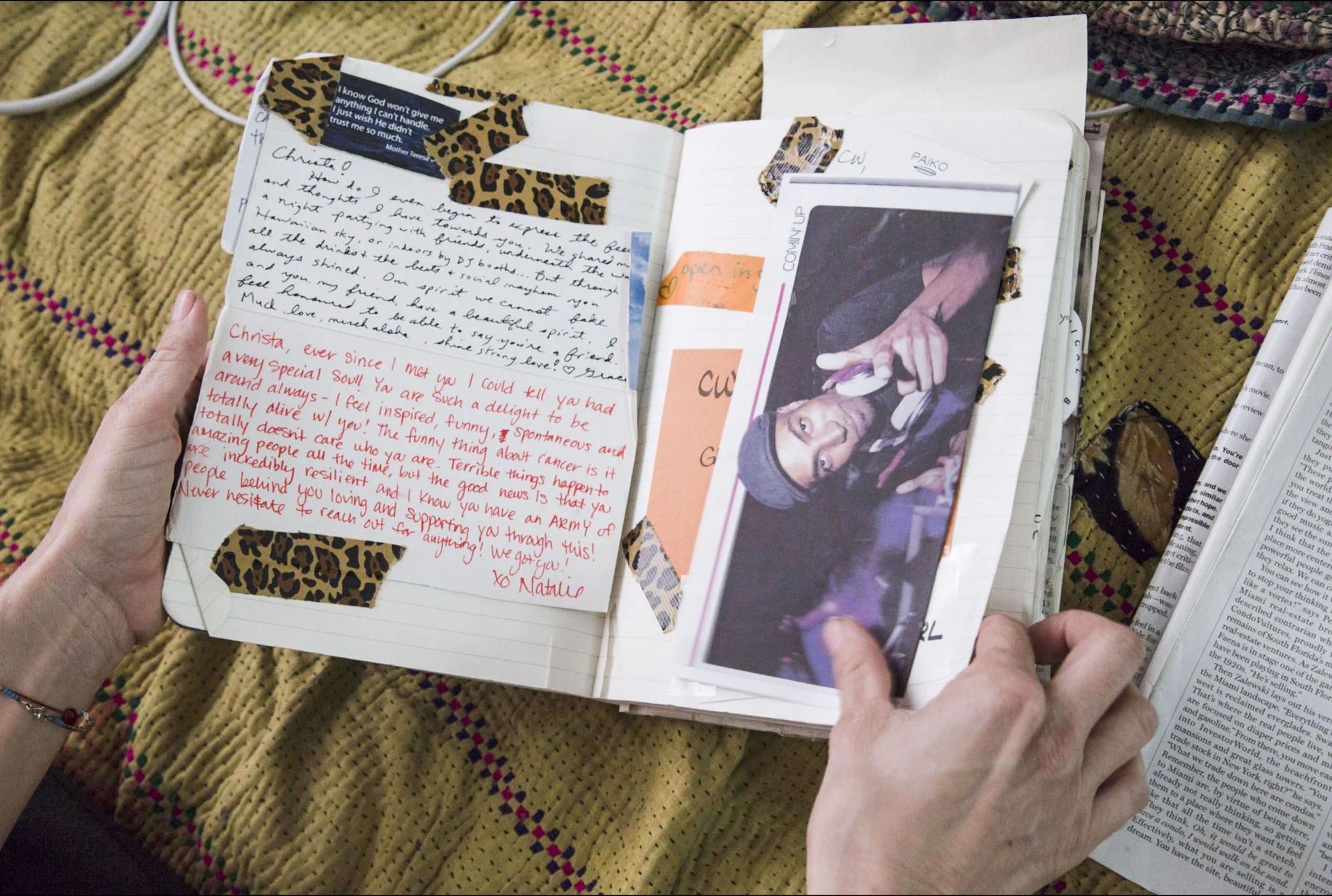  A page from Wittmierʻs journal in her Honolulu, HI home. The beloved nightlife staple received an immense amount of support from her community throughout her fight with cancer. The composition book was filled with notes, photographs, and clippings f