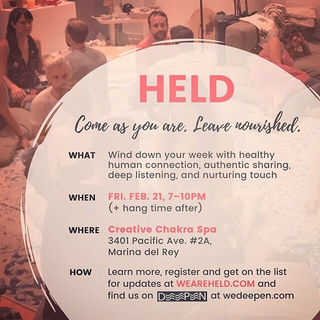 If you&rsquo;re craving authentic human connection, a safe space to be vulnerable, to be nurtured by compassionate listening and nonsexual touch... HELD is for you. Come join us! 
And if you can&rsquo;t make it or we&rsquo;re sold out for tomorrow, g