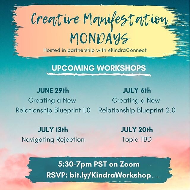Woooo! More workshops coming your way!⁣
⁣
Partnering with the wonderful dating app @kindraconnect to bring you: ⁣
⁣
✨CREATIVE MANIFESTATION MONDAYS!✨⁣
⁣
We will use ~⁣
🎨Creative Expression⁣
🗣Conversation⁣
🧘🏻&zwj;♀️Meditation ⁣
👁Envisioning⁣
☀️&a