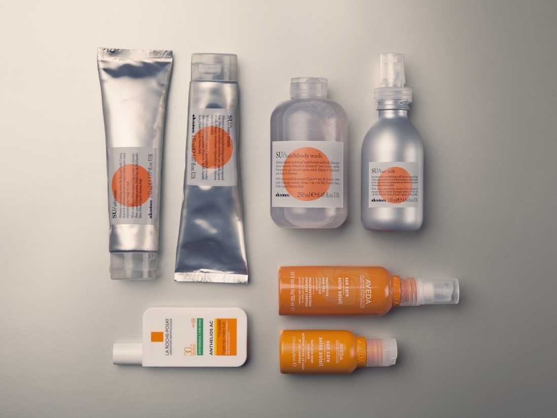 DAVINES, SU Wash Hair Mask, Milk, Tan Maximizer, Aftersun Lotion. LA ROCHE POSAY 30 SPF Anti Shine Sun Care Hair And Body Cleanser 50 ml og Protective Hair Veil, 100 ml frå AVEDA.