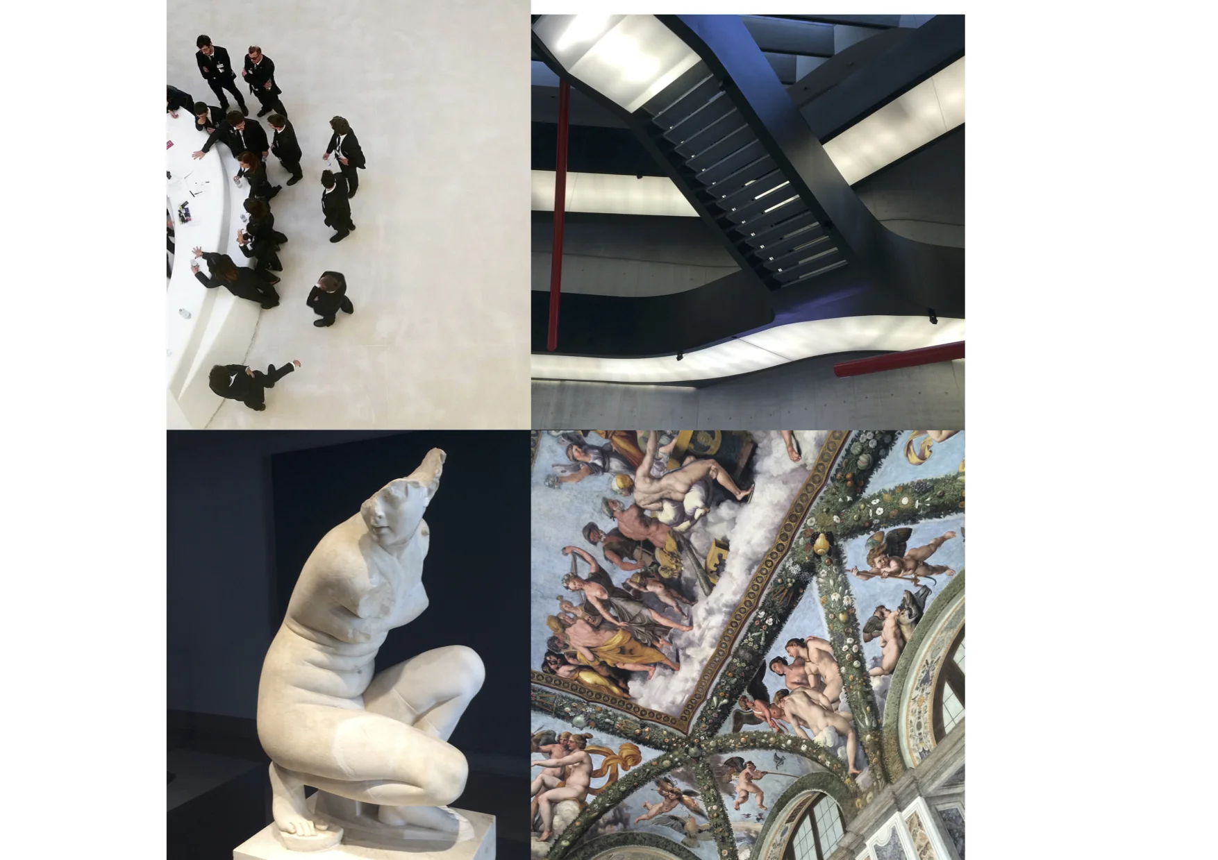 Øverst: MAXXI. Nede til venstre: Palazzo Massimo alle Terme. Nede til høyre: Villa Farnesina